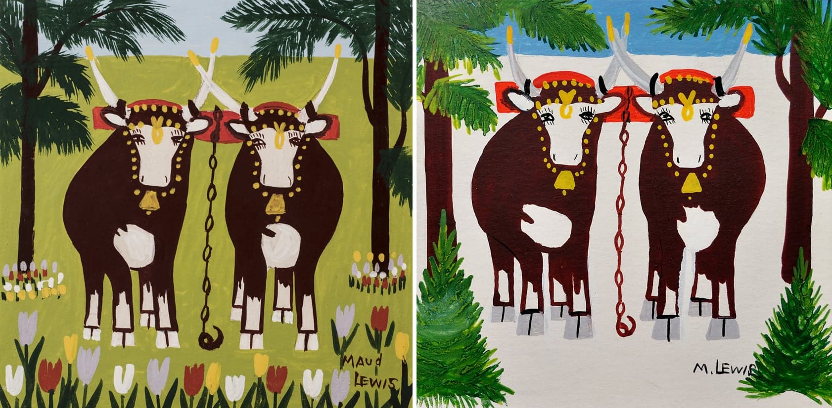 The stolen paintings are similar to the ones depicted here: (left) Team of Oxen in Spring, 1960s; and (right) Team of Oxen in Winter, 1960s (Courtesy of Art Gallery of Nova Scotia/Collection of CFFI Ventures Inc. as collected by John Risley; Courtesy of Art Gallery of Nova Scotia/Private collection)