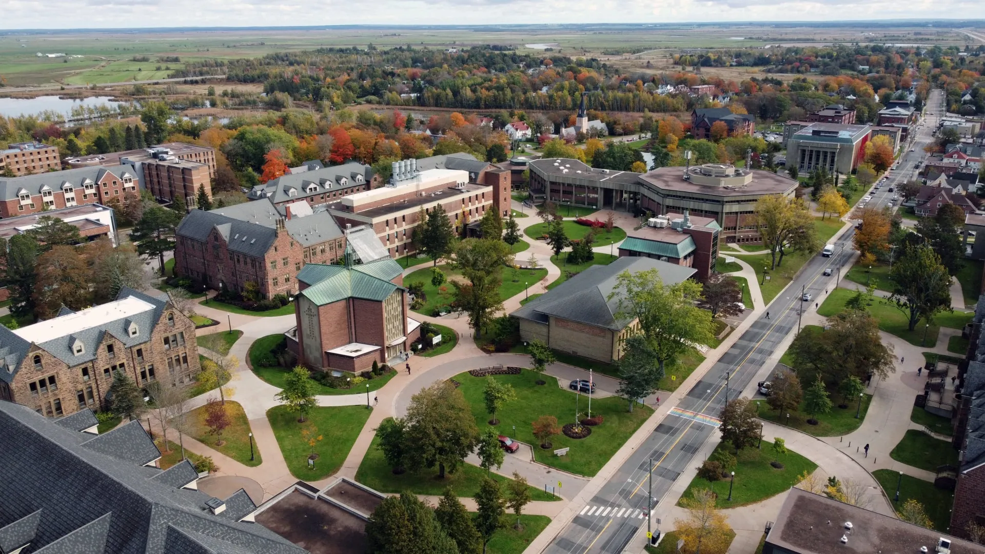 Overhead wide-angle shot of various university buildings