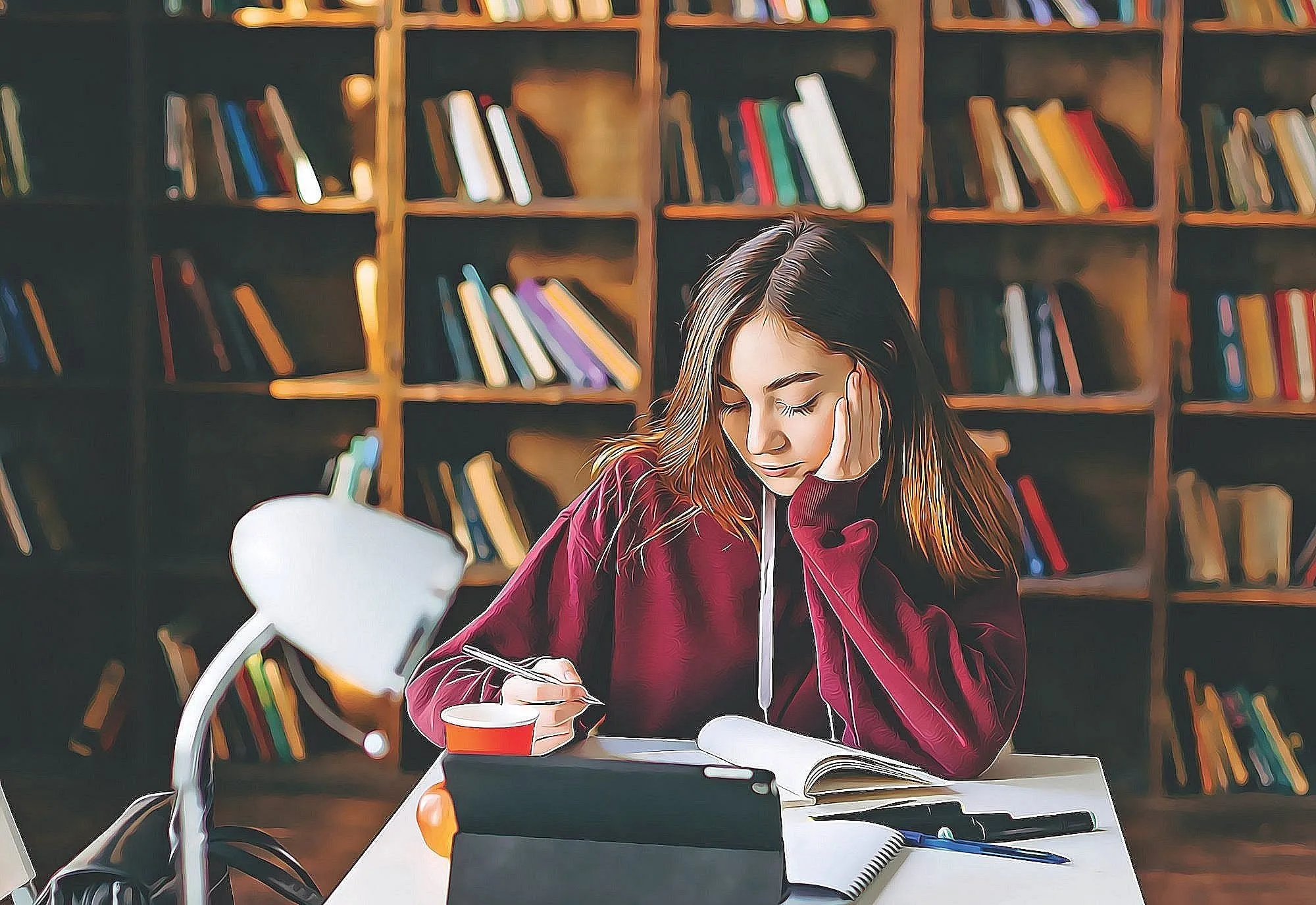 Serious young female student in hoodie writing notes in copybook and leaning head on hand while sitting at desk with tablet and stationery in modern library