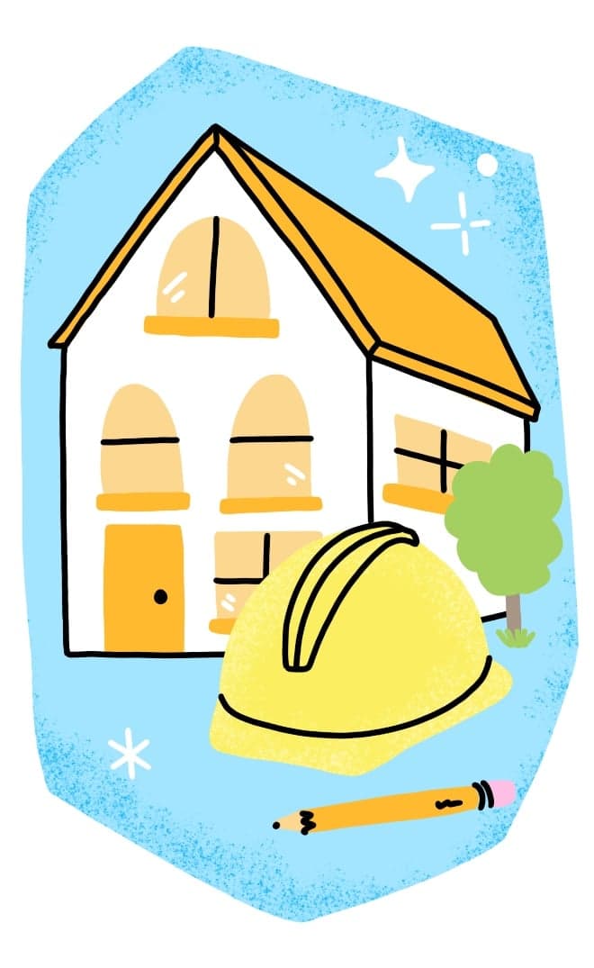 drawing of a house with a hard hat and a pencil in front of it