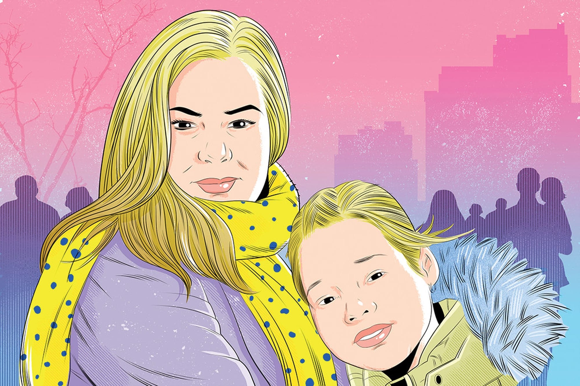 An illustration of a yellow-haired woman wearing a yellow scarf, beside a child