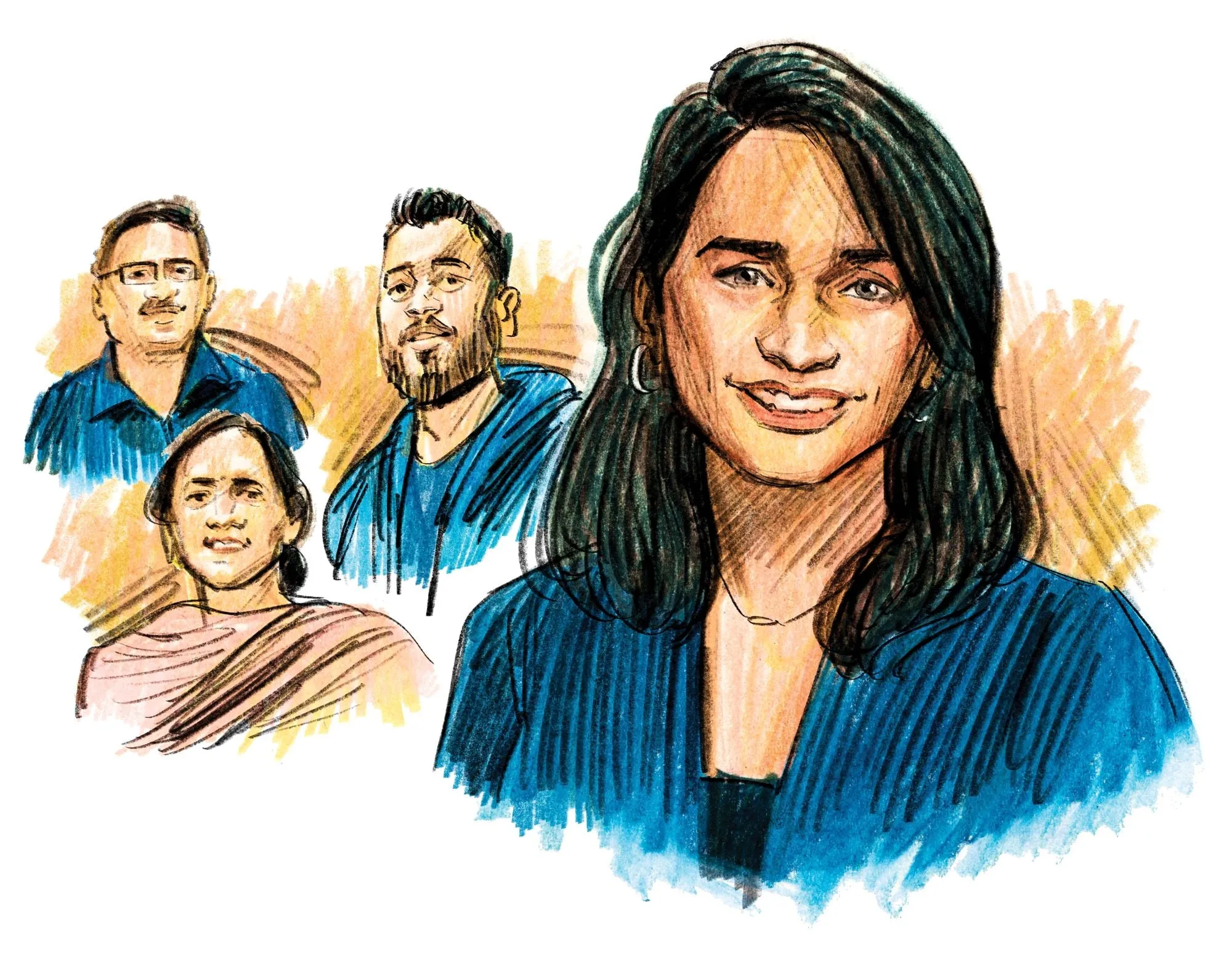 An illustration of a young woman with dark hair. Behind her are illustrations of two men and an older women.