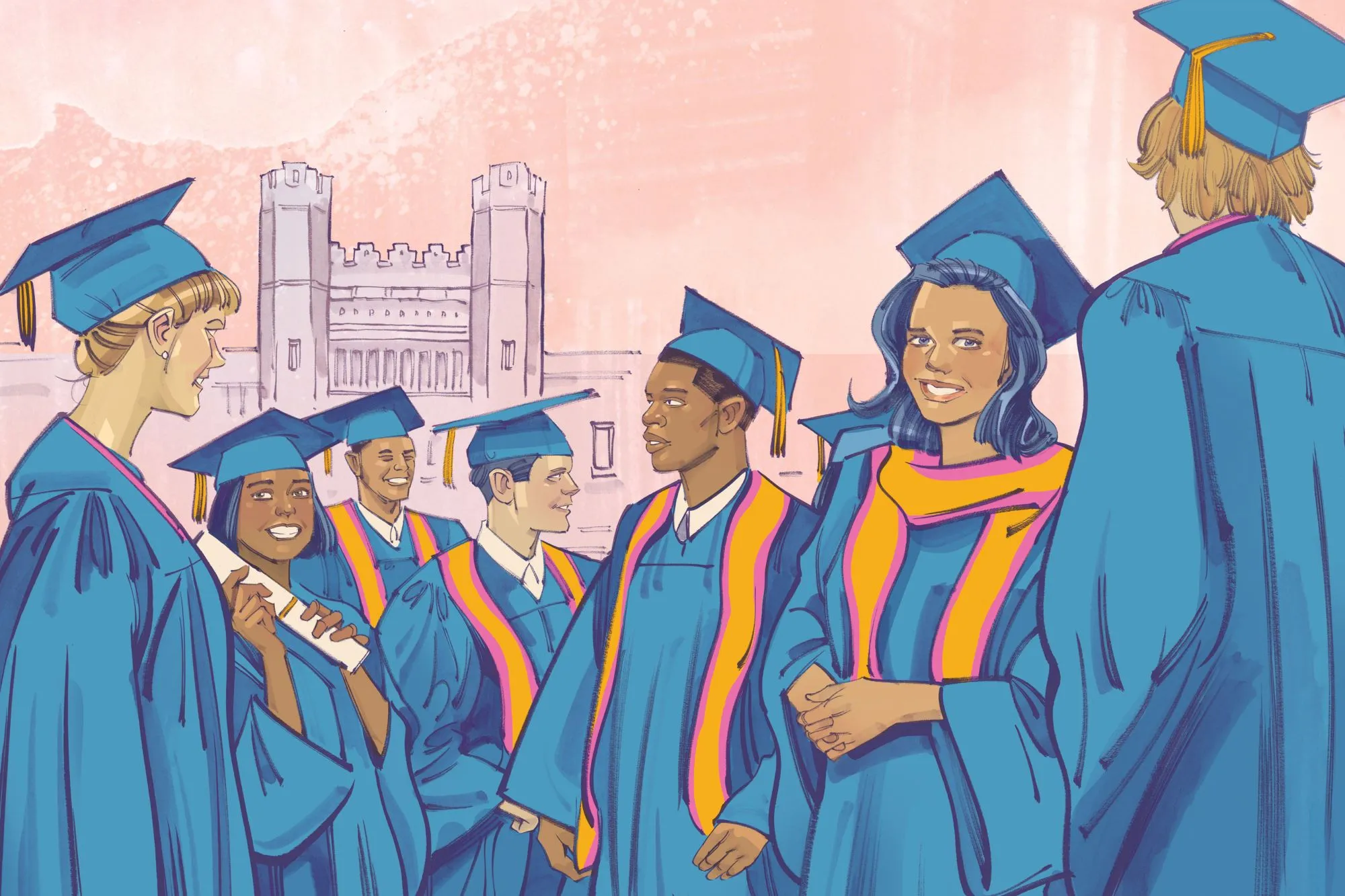 A lineup of graduates in blue robes and caps, with orange sashes