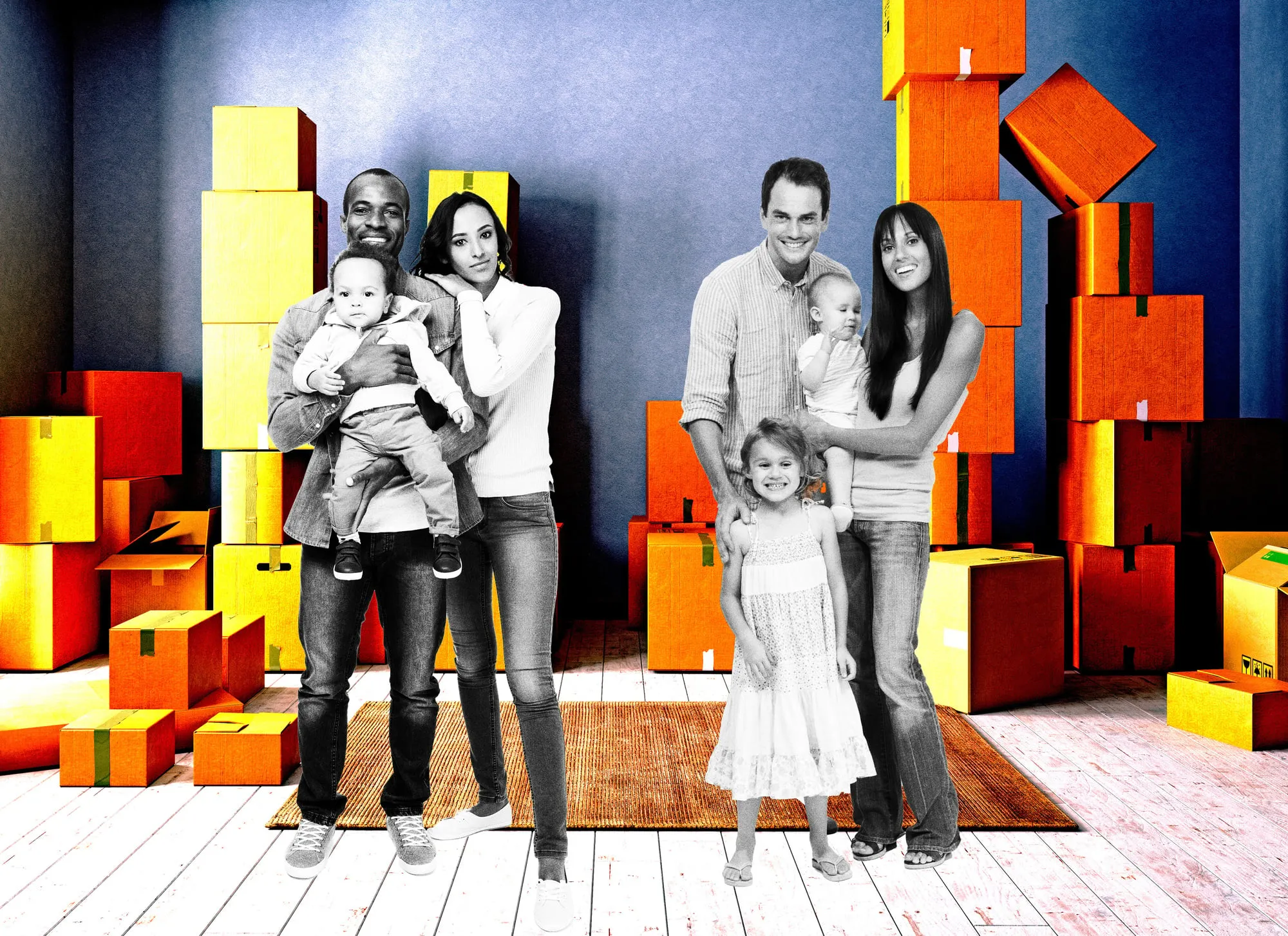 Two families in a room filled with cardboard boxes