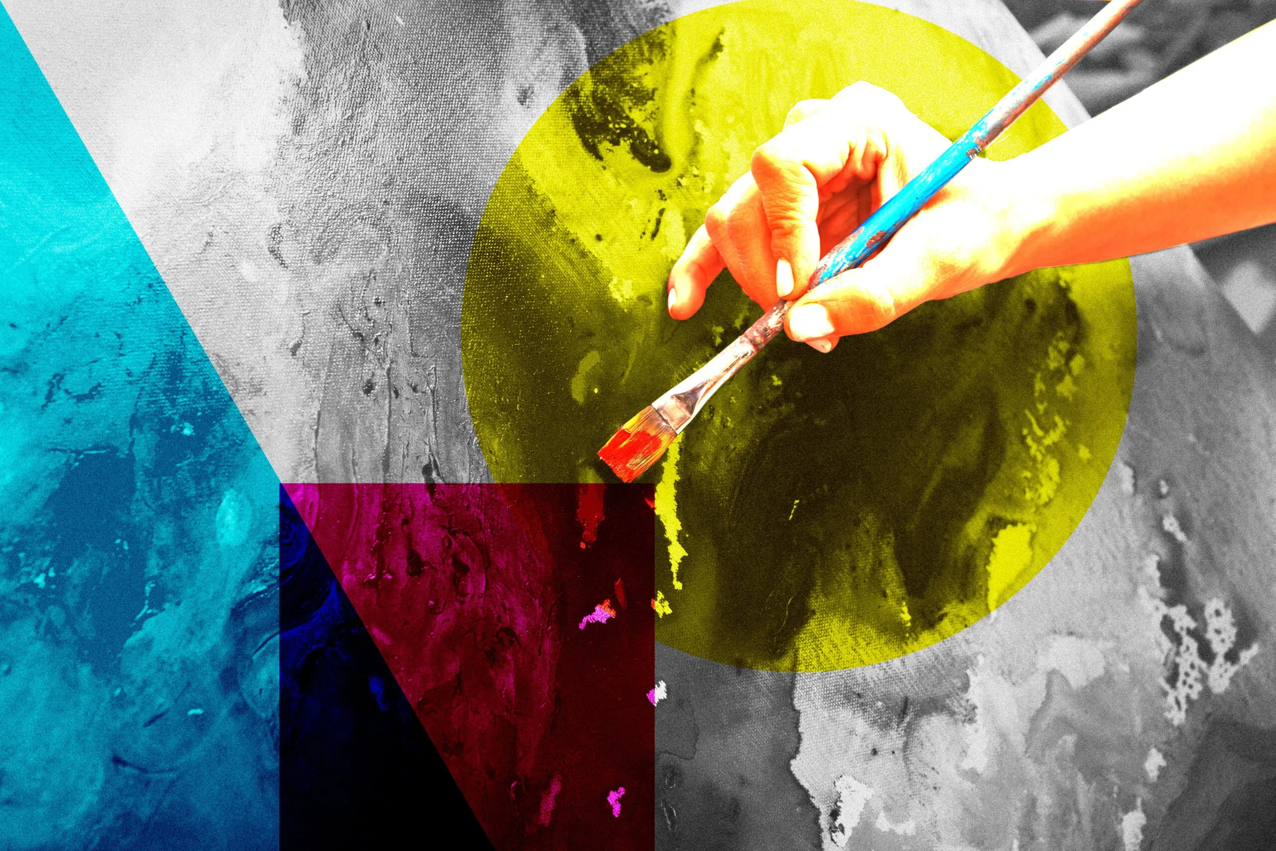 An abstract graphic with a pink square and a yellow splotch