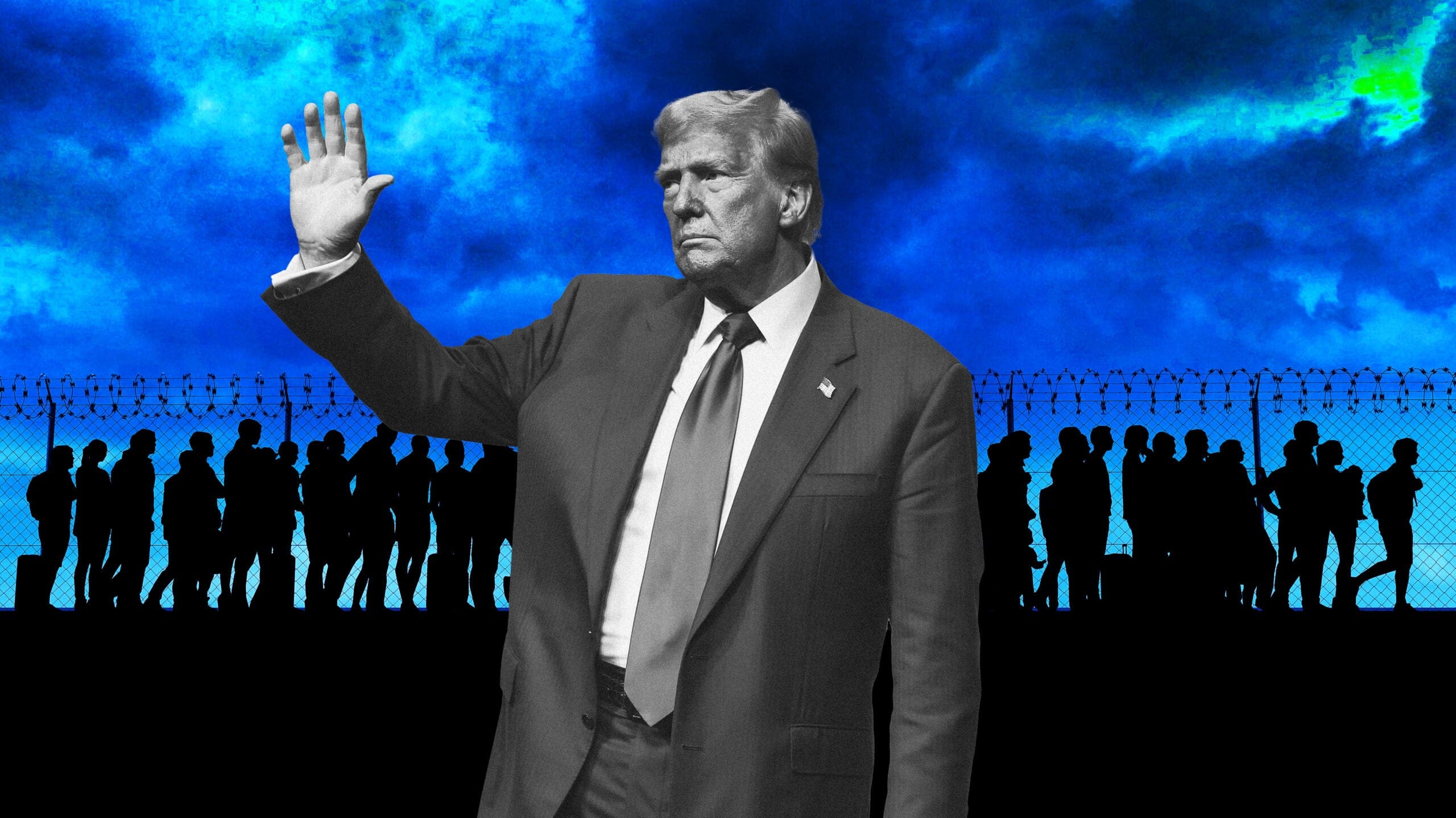 A picture of Donald Trump in front of a line of people