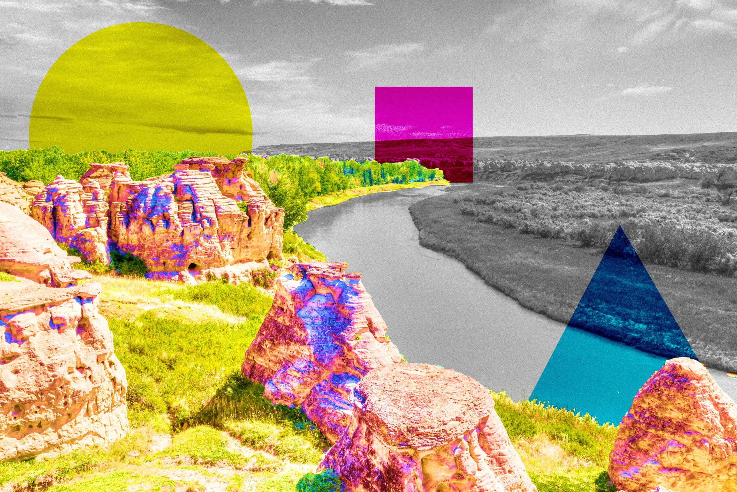 a colourful landscape with a river running through it