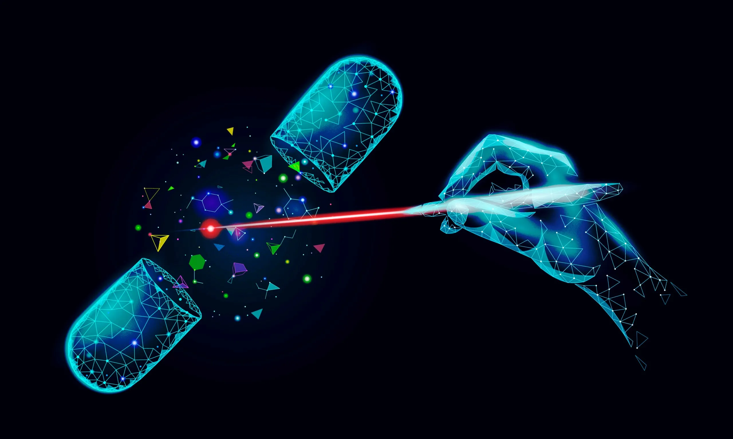 An illustration of a hand holding a laser pointer, which is pointed at a pill casing