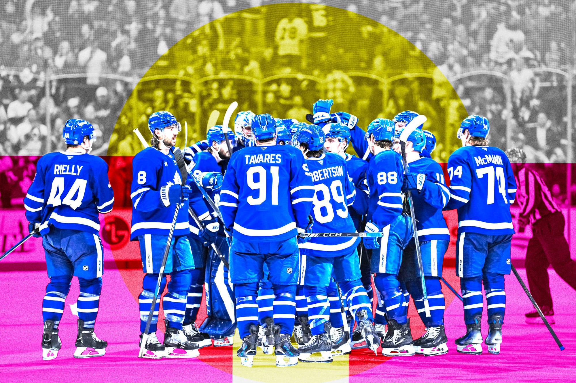 A hockey team huddling