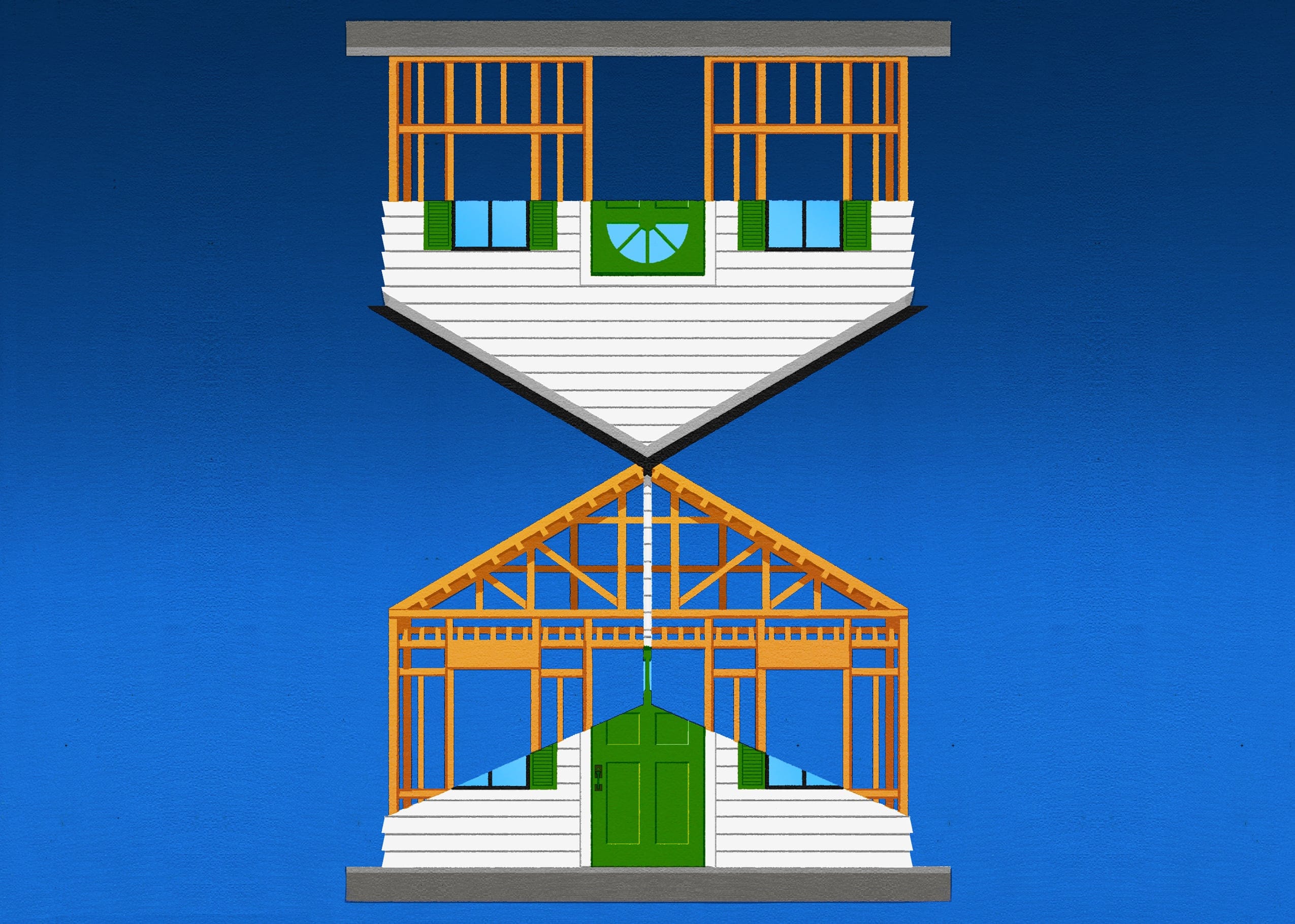 An illustration of two frames of a house, one upside down on top of the other, like an hourglass.