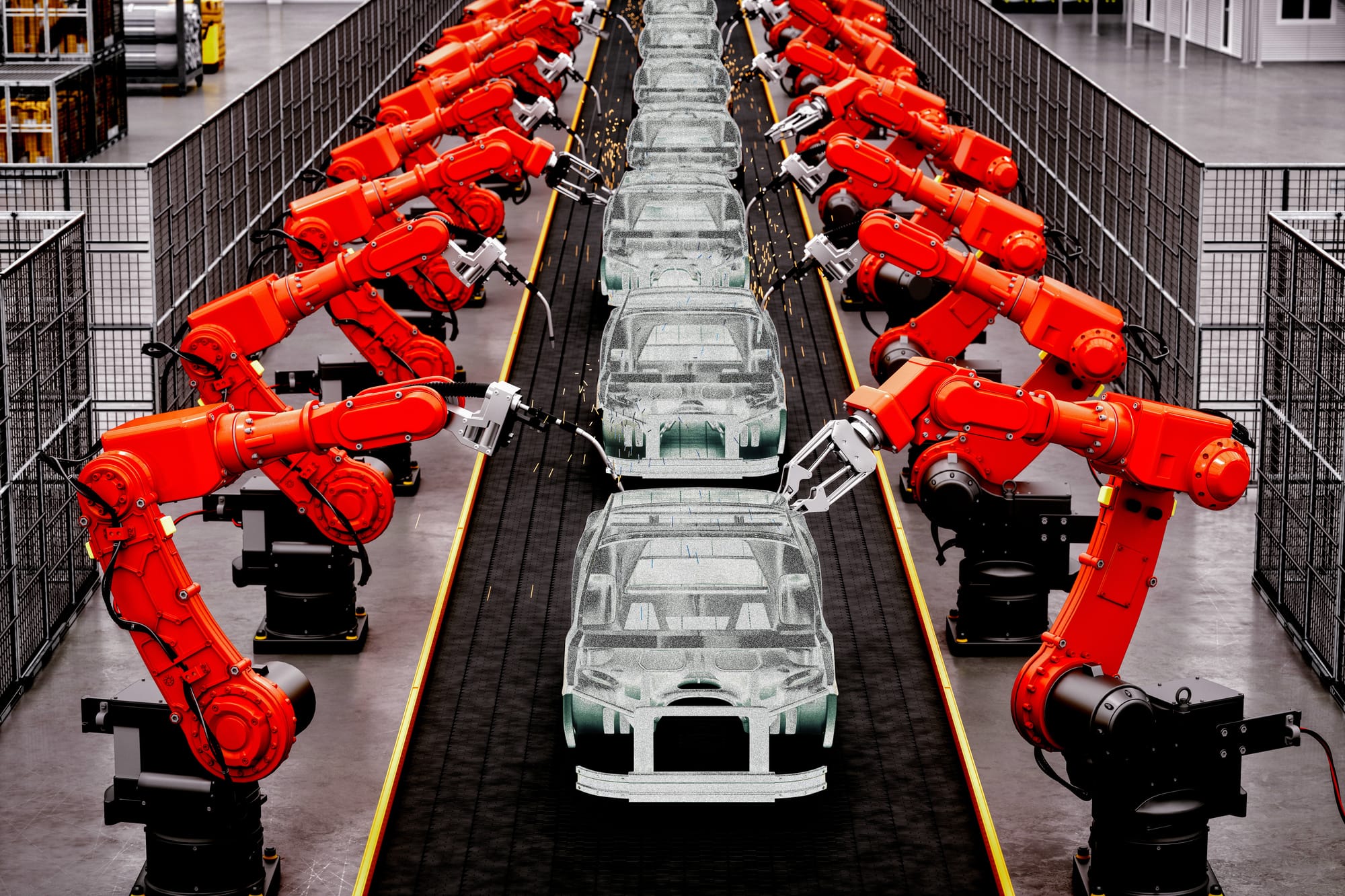 An assembly line making electric vehicles