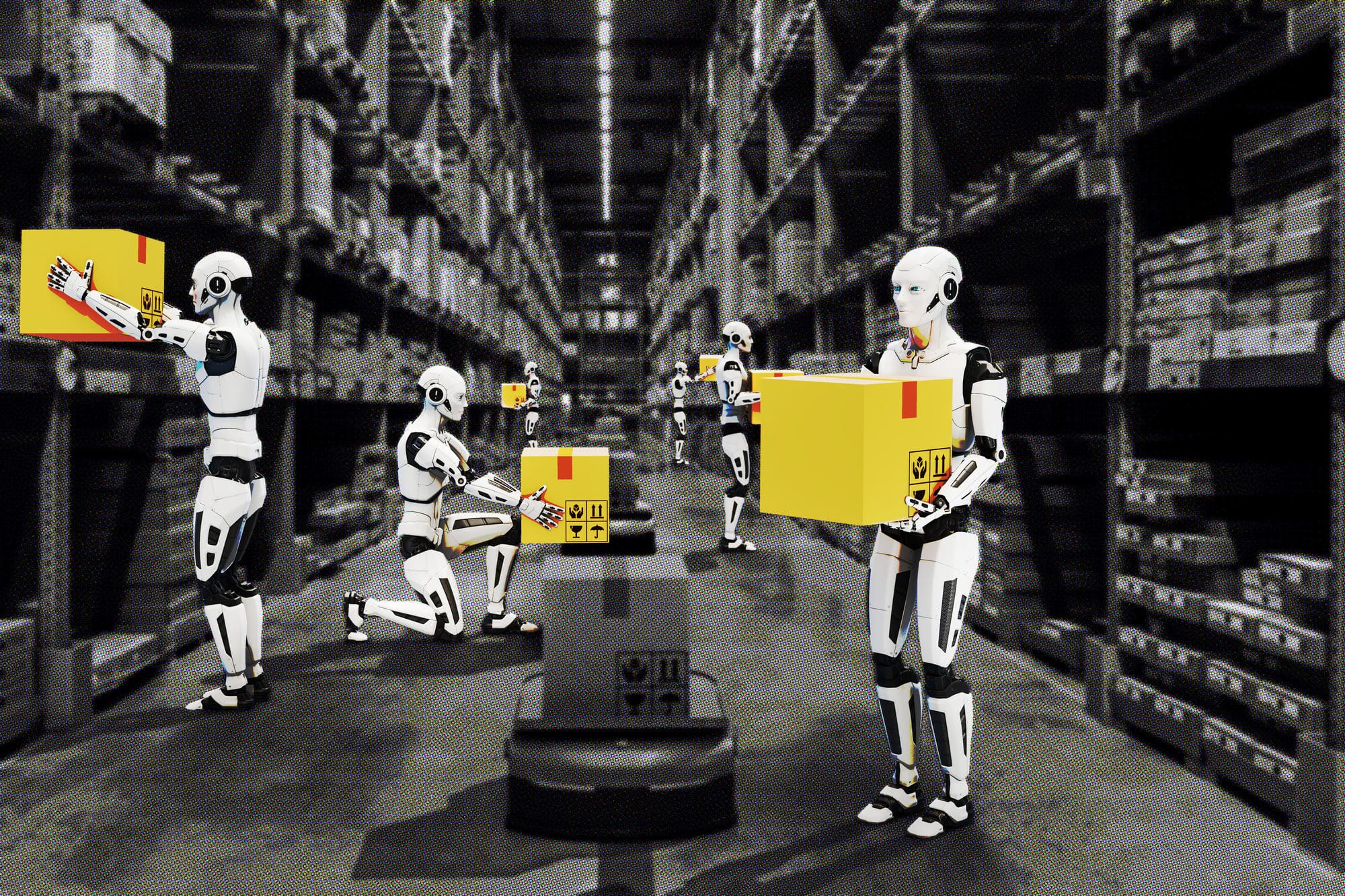 Robots carrying boxes in a warehouse