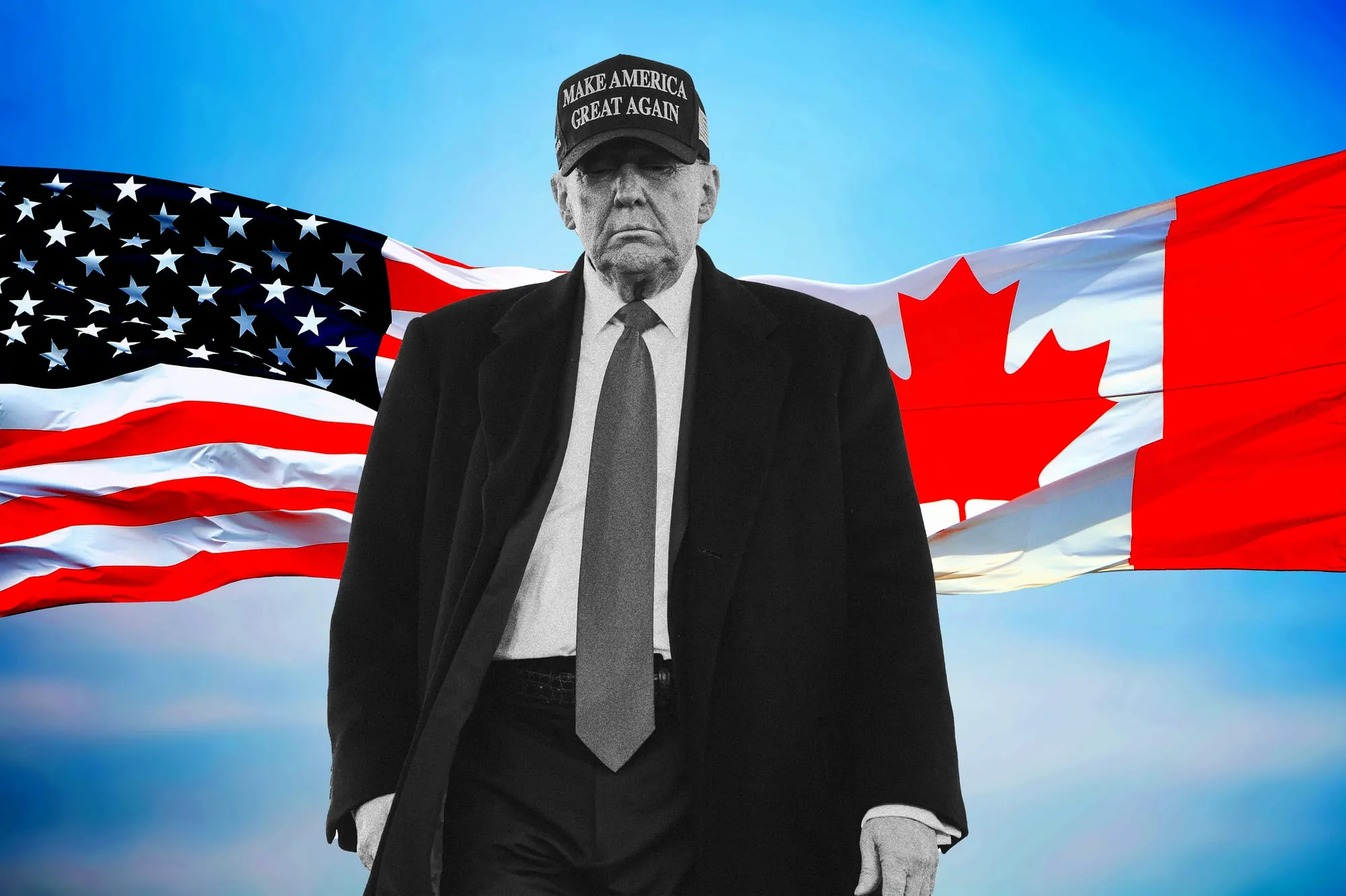 Donald Trump standing in front of the American and Canadian flags