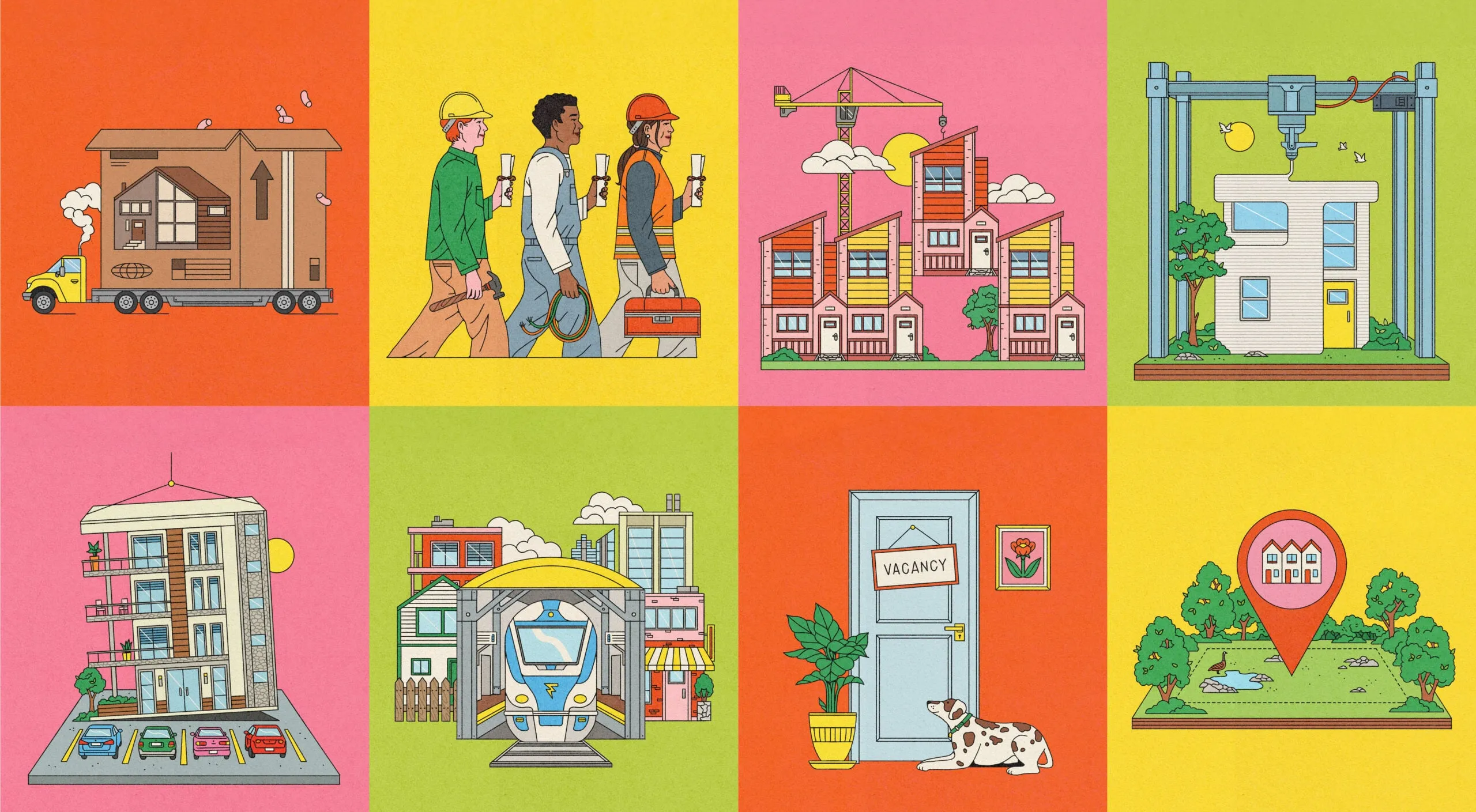 A collage of various housing solutions, including construction workers holding toolkits and a door with a "VACANT" sign on it