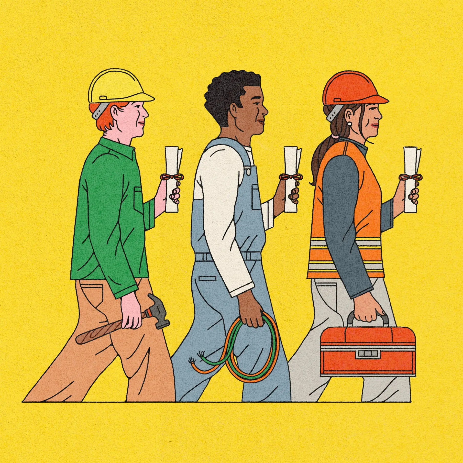 Three construction workers holding diplomas and carrying various tools