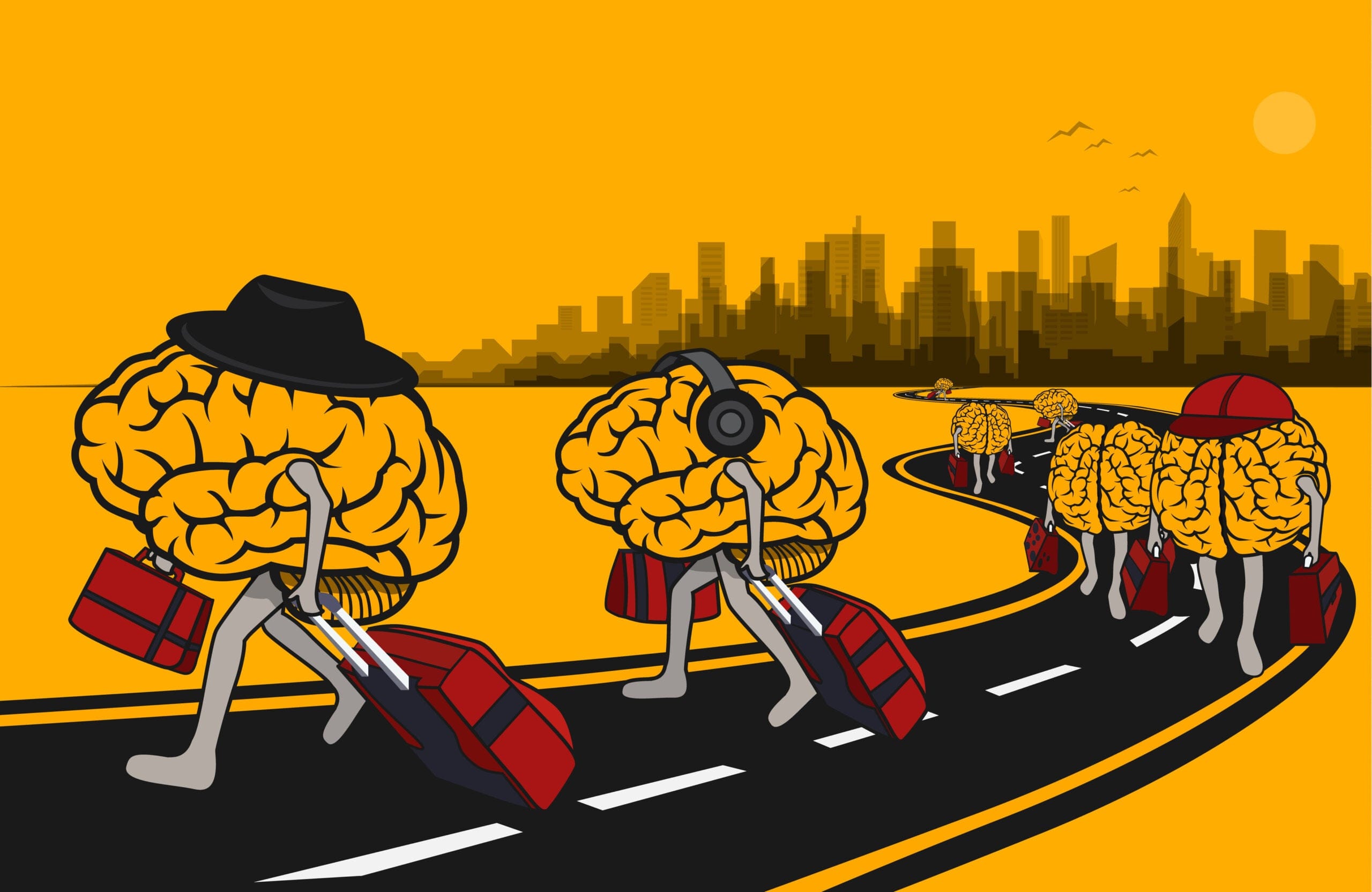 Brains carrying suitcases down a winding road