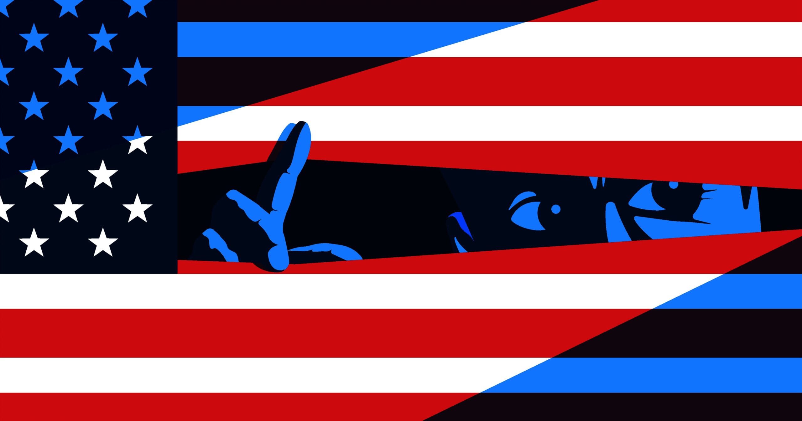 Red-and-white striped window shades with blue shadow over them. A person is peeking through a gap in the shades.