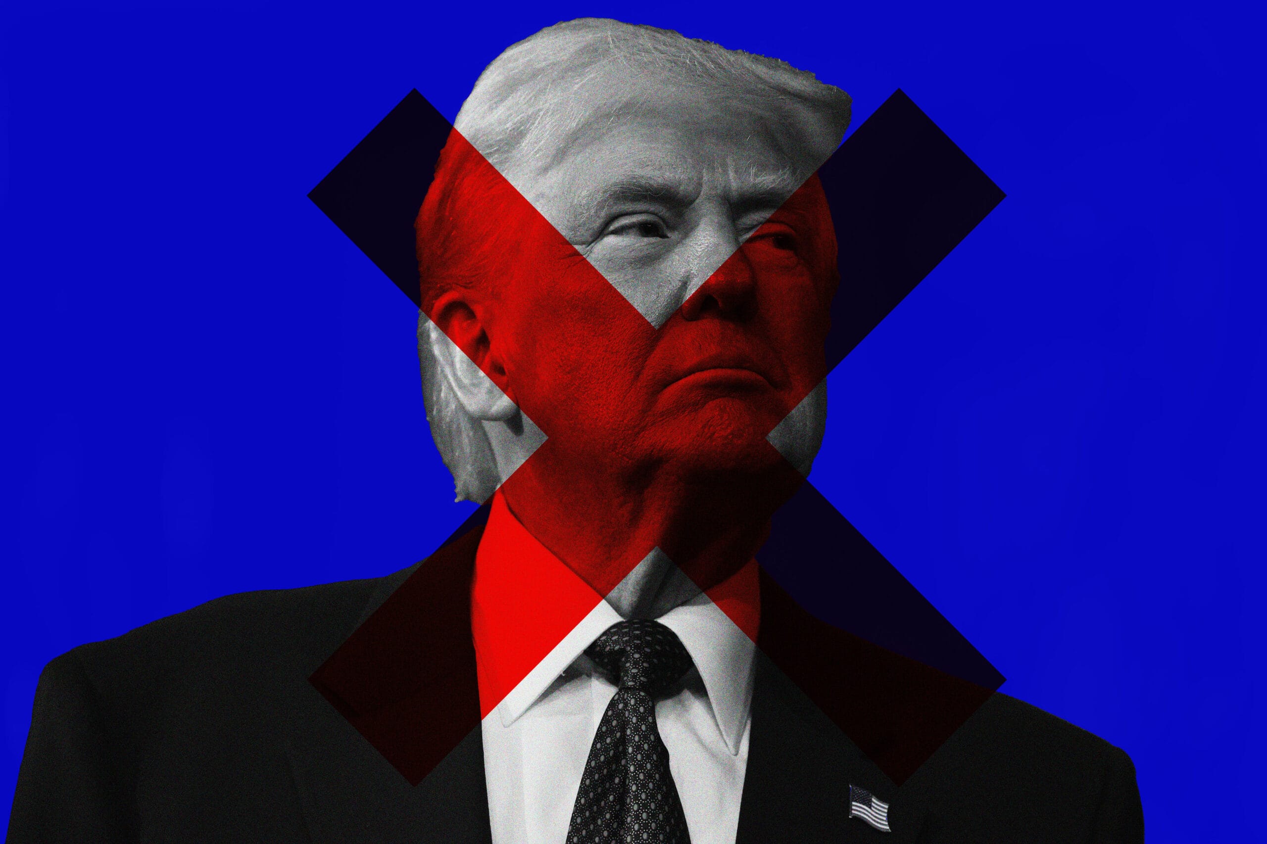 A photo of Donald Trump with an X over his face
