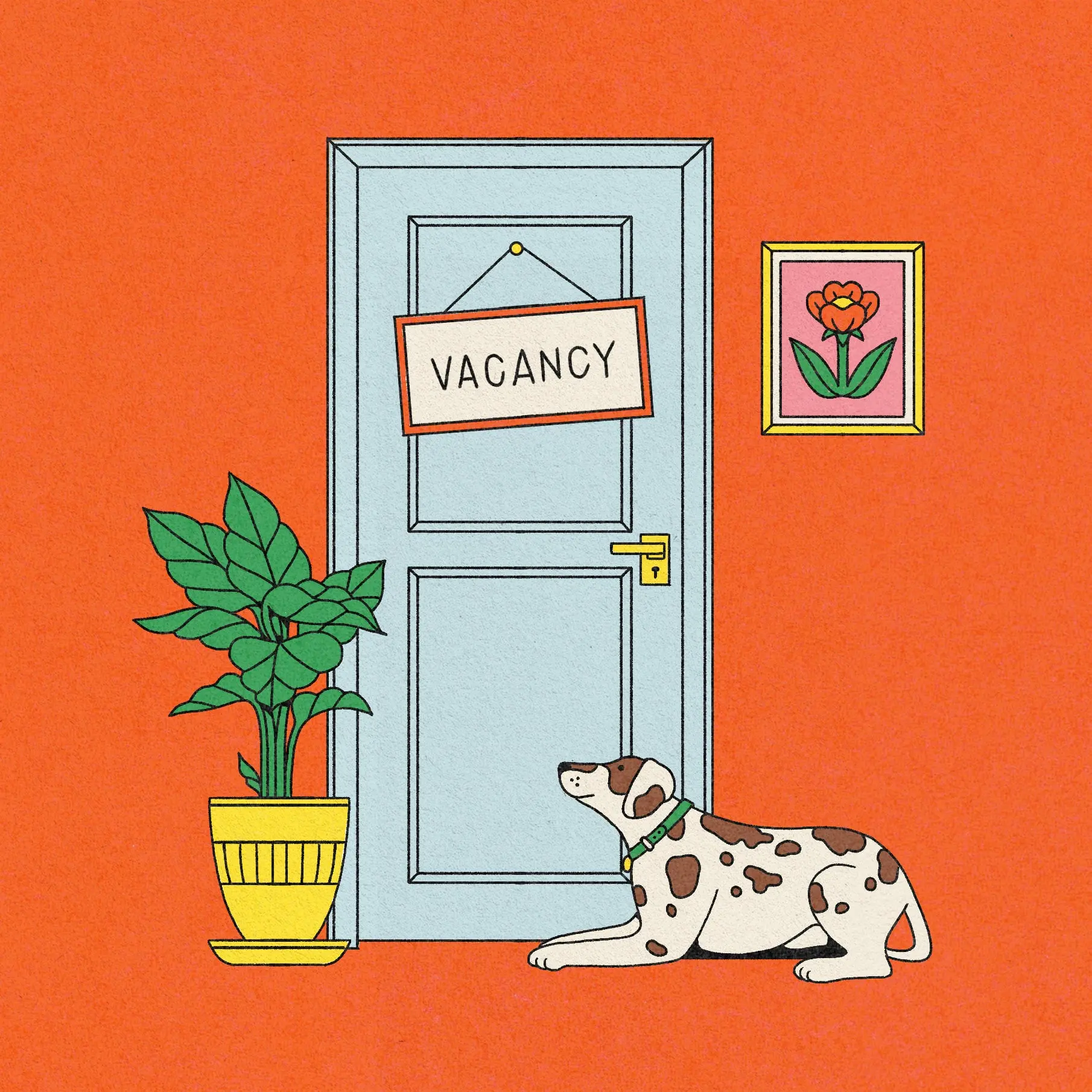 A blue front door against an orange background, with a "VACANCY" sign hanging on the front. A potted plant and a spotted dog sit on each side of the door.