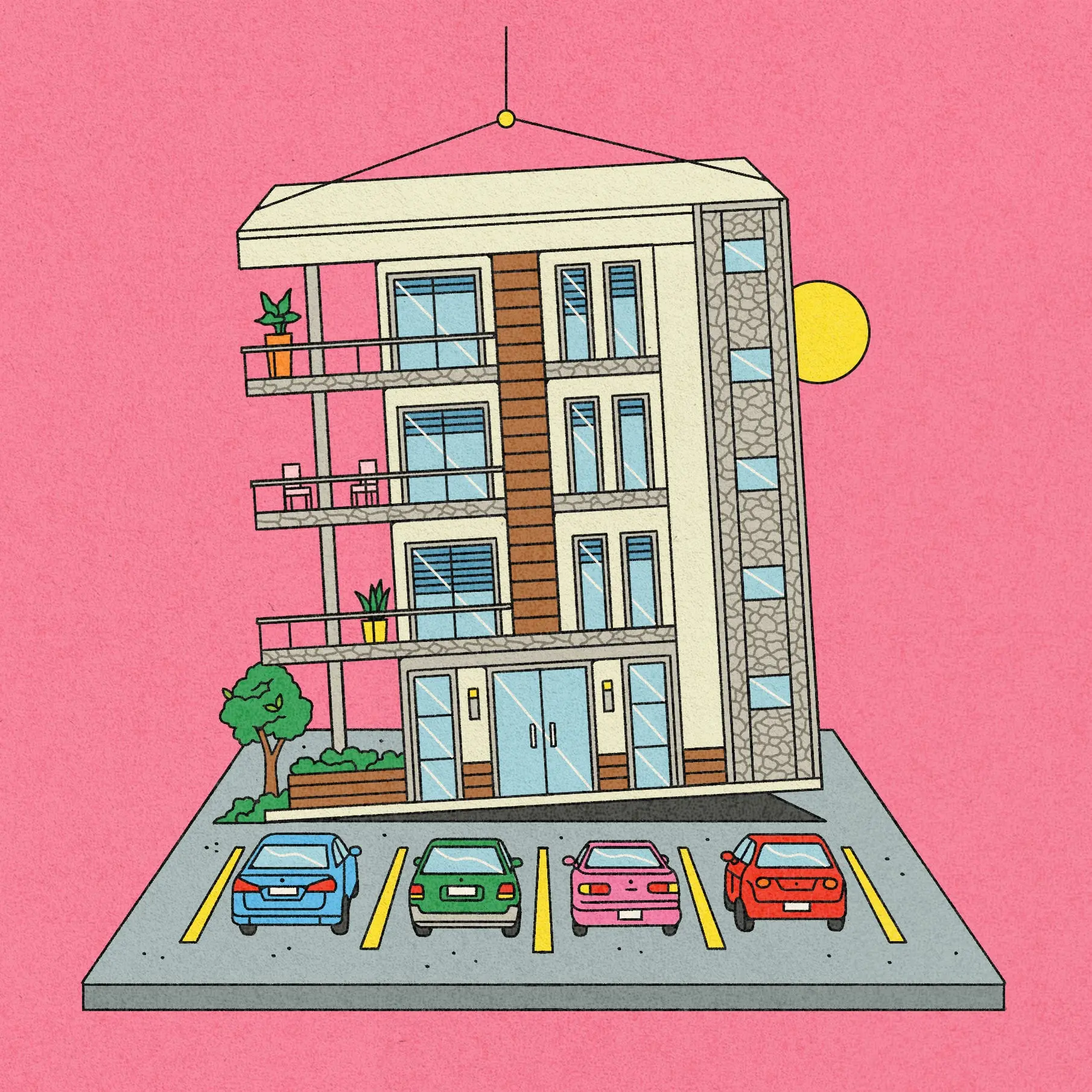 A building built on a parking lot, with four cars of different colors parked in the middle. The background of the image is pink.