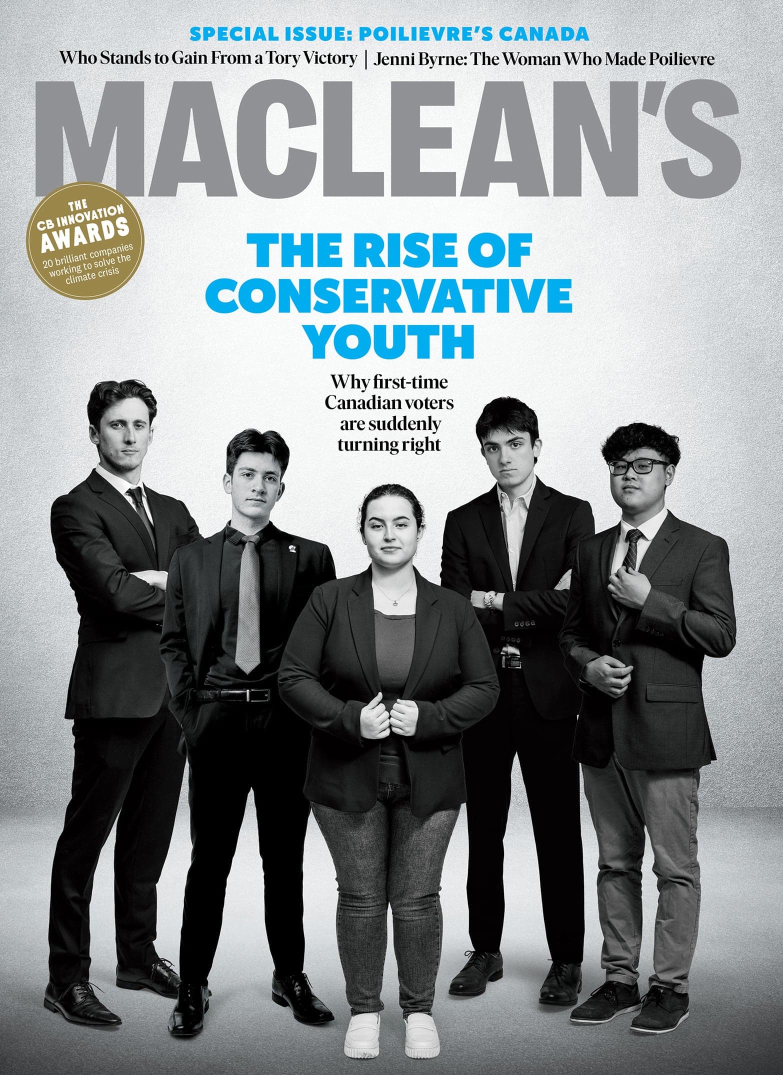 The cover of the Maclean's May 2025 issue featuring five young people in businesswear, with the headline "THE RISE OF CONSERVATIVE YOUTH"