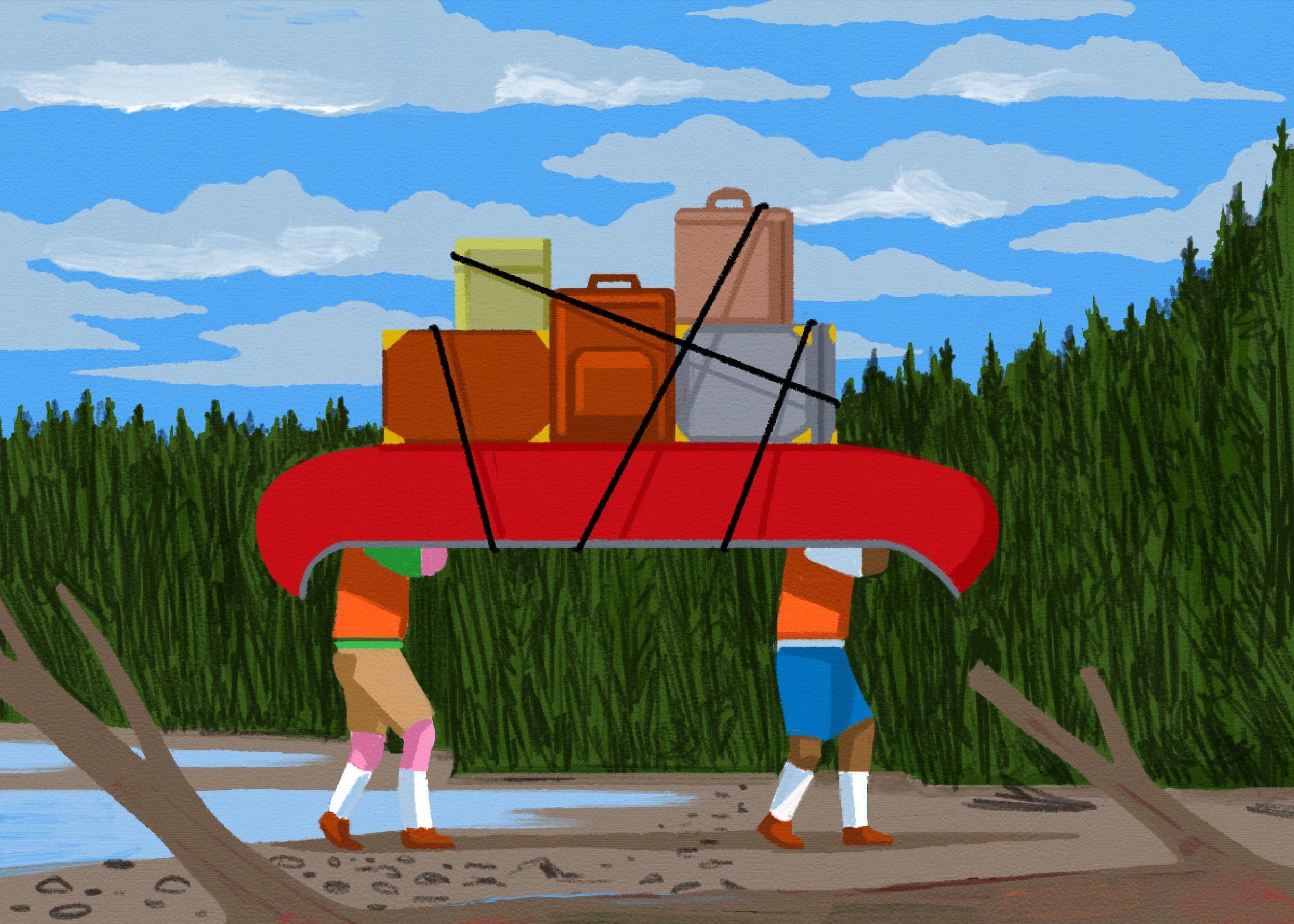 Two people portaging a canoe