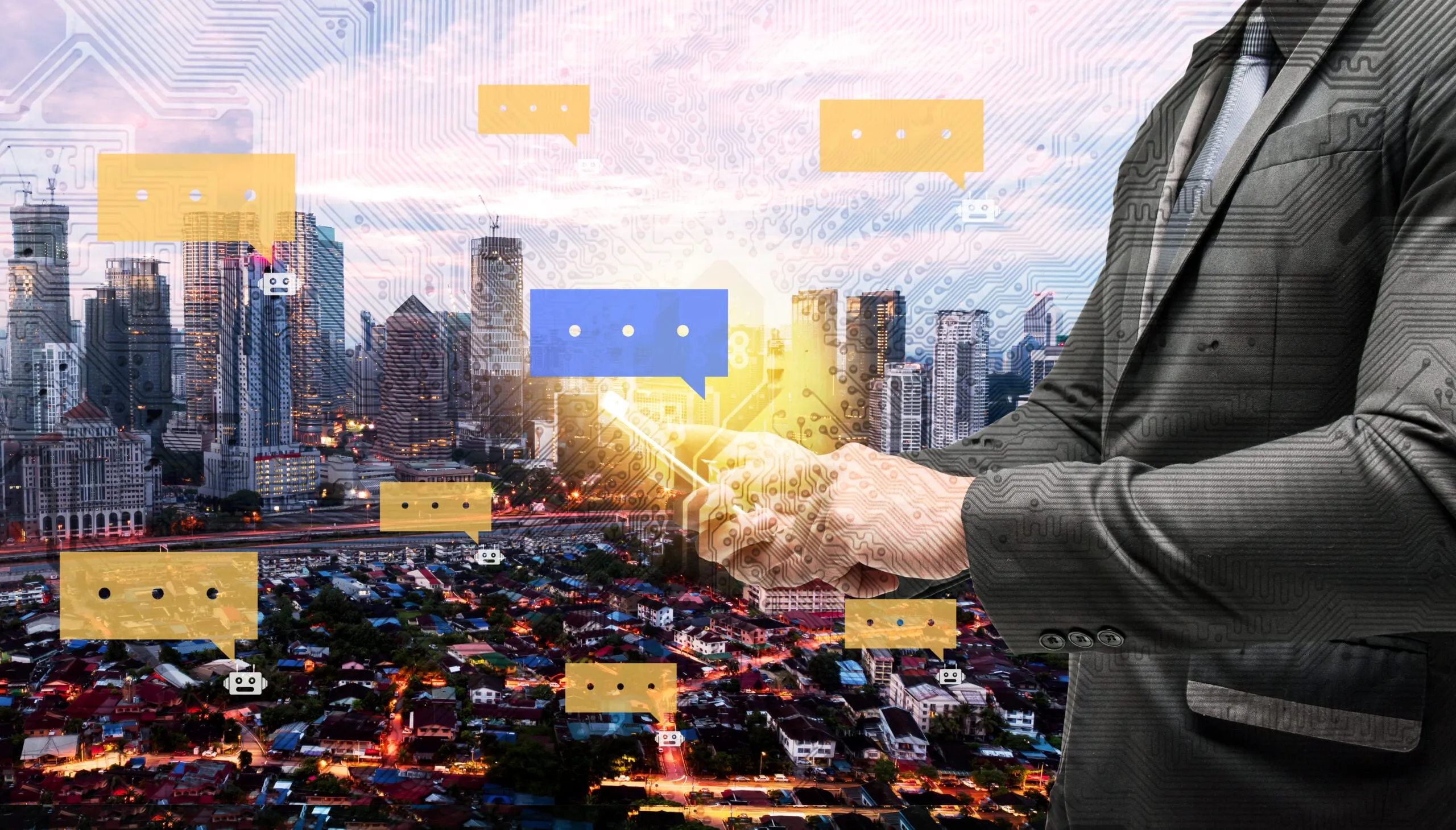 A scattering of "typing" alerts (speech bubbles with ellipses in them) in front of a cityscape