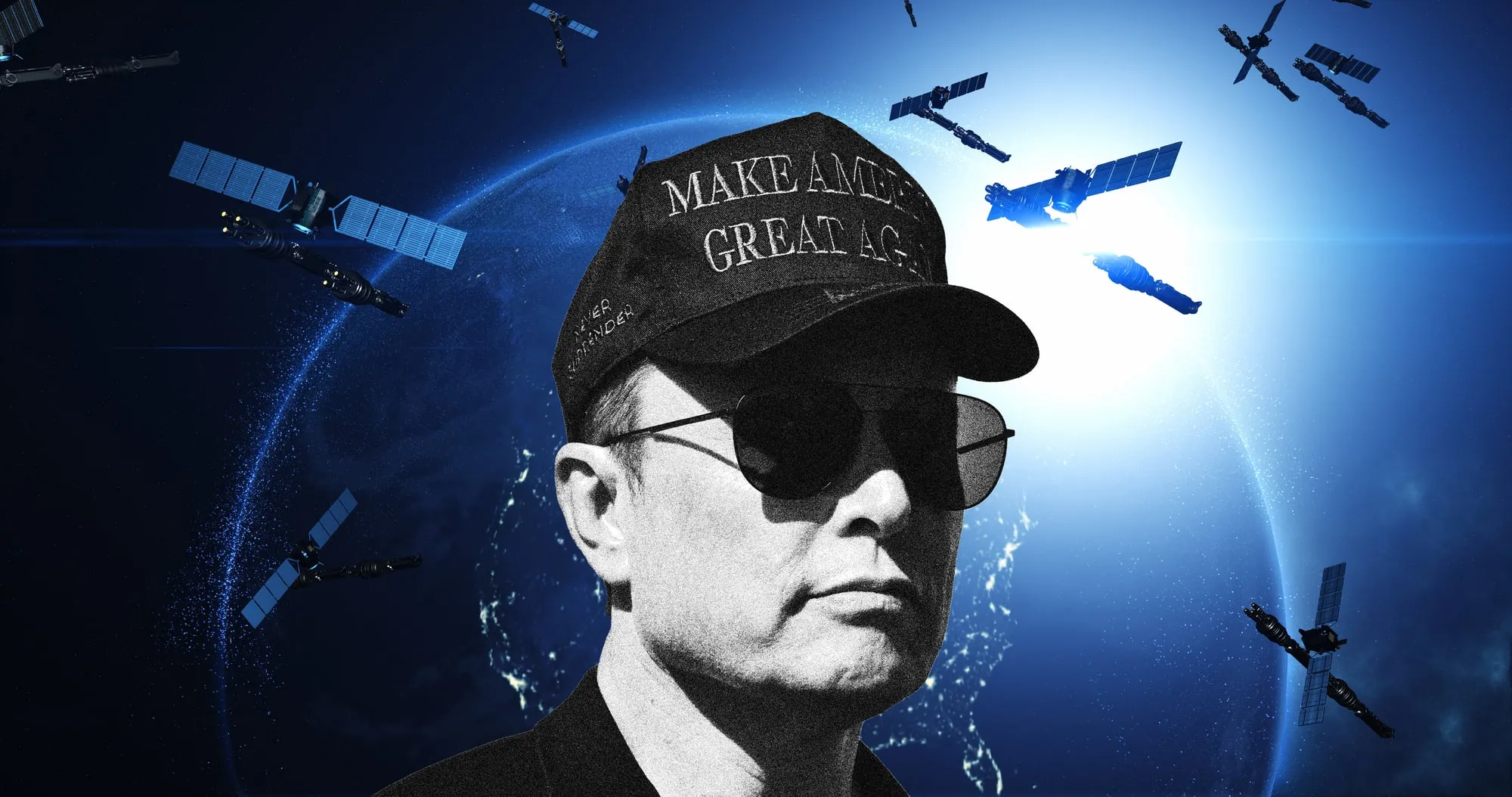 Elon Musk wearing a MAGA hat and sunglasses in front of Earth being orbited by satellites