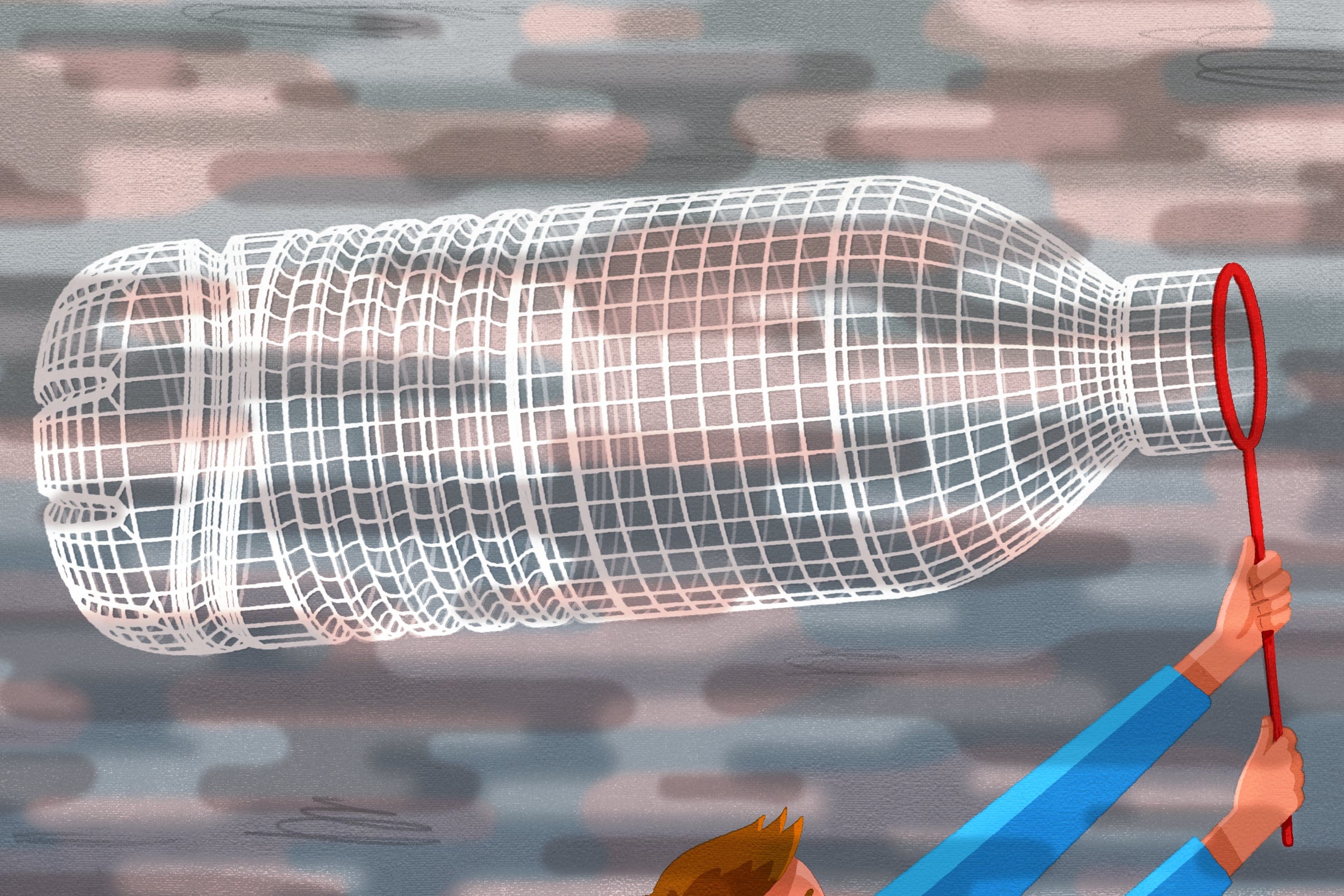 An illustration of a man using a butterfly net shaped like a water bottle to catch fog