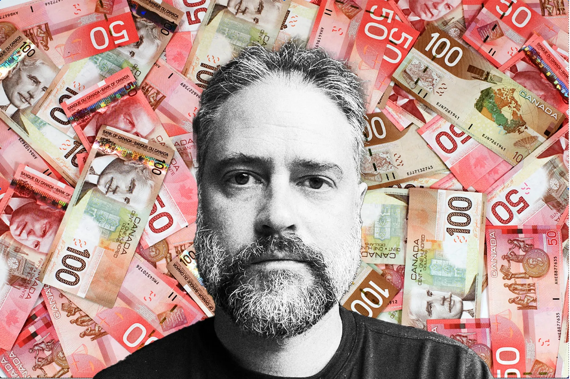 A man with a beard standing in front of a backdrop filled with Canadian bills