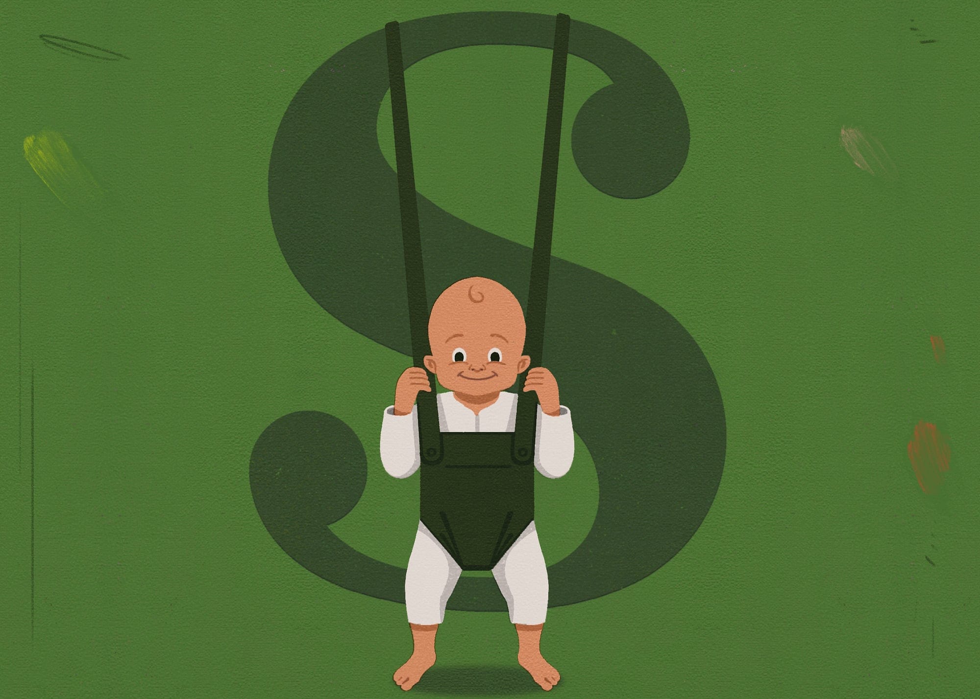 A baby stands in a swing, in front of a dollar sign.