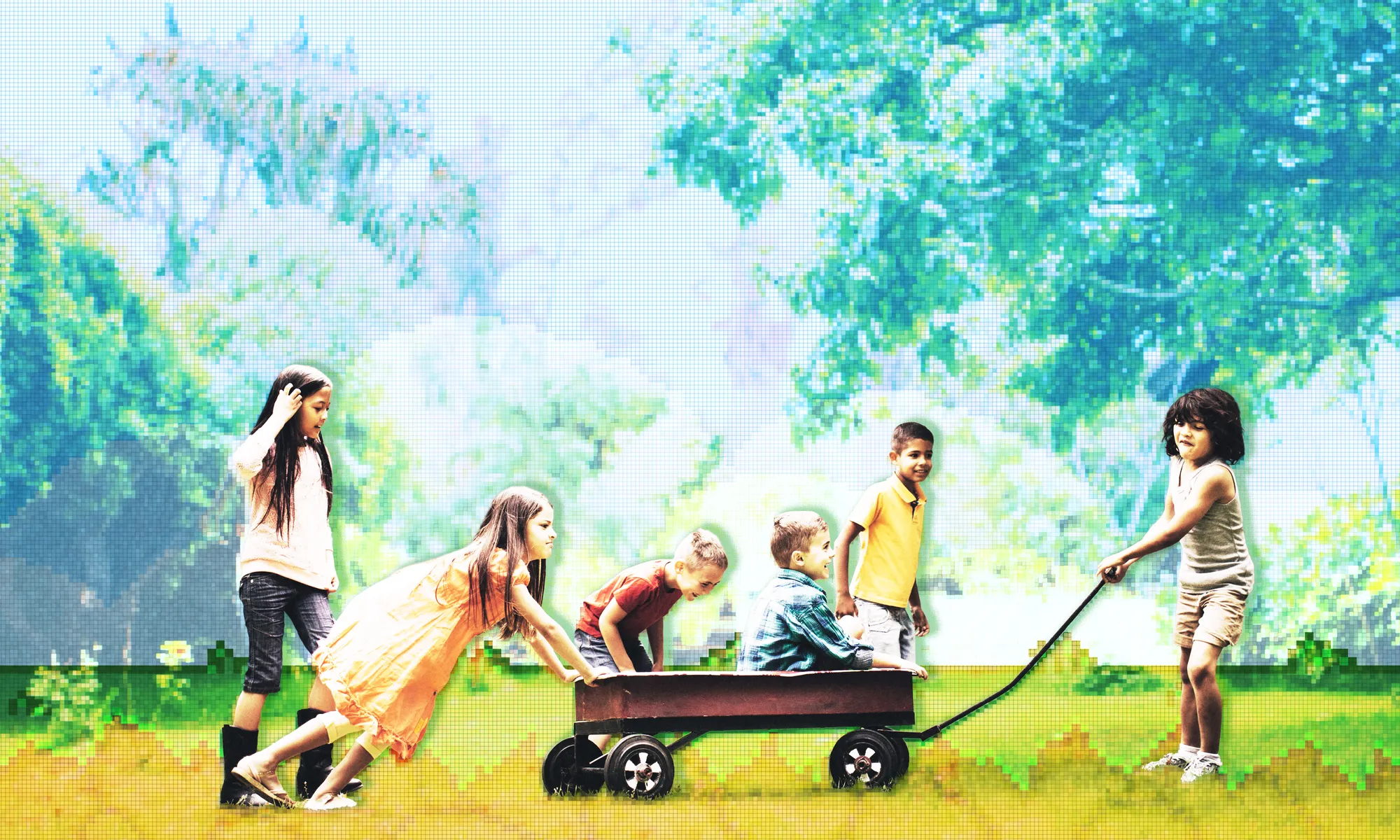 A group of kids dragging a wagon