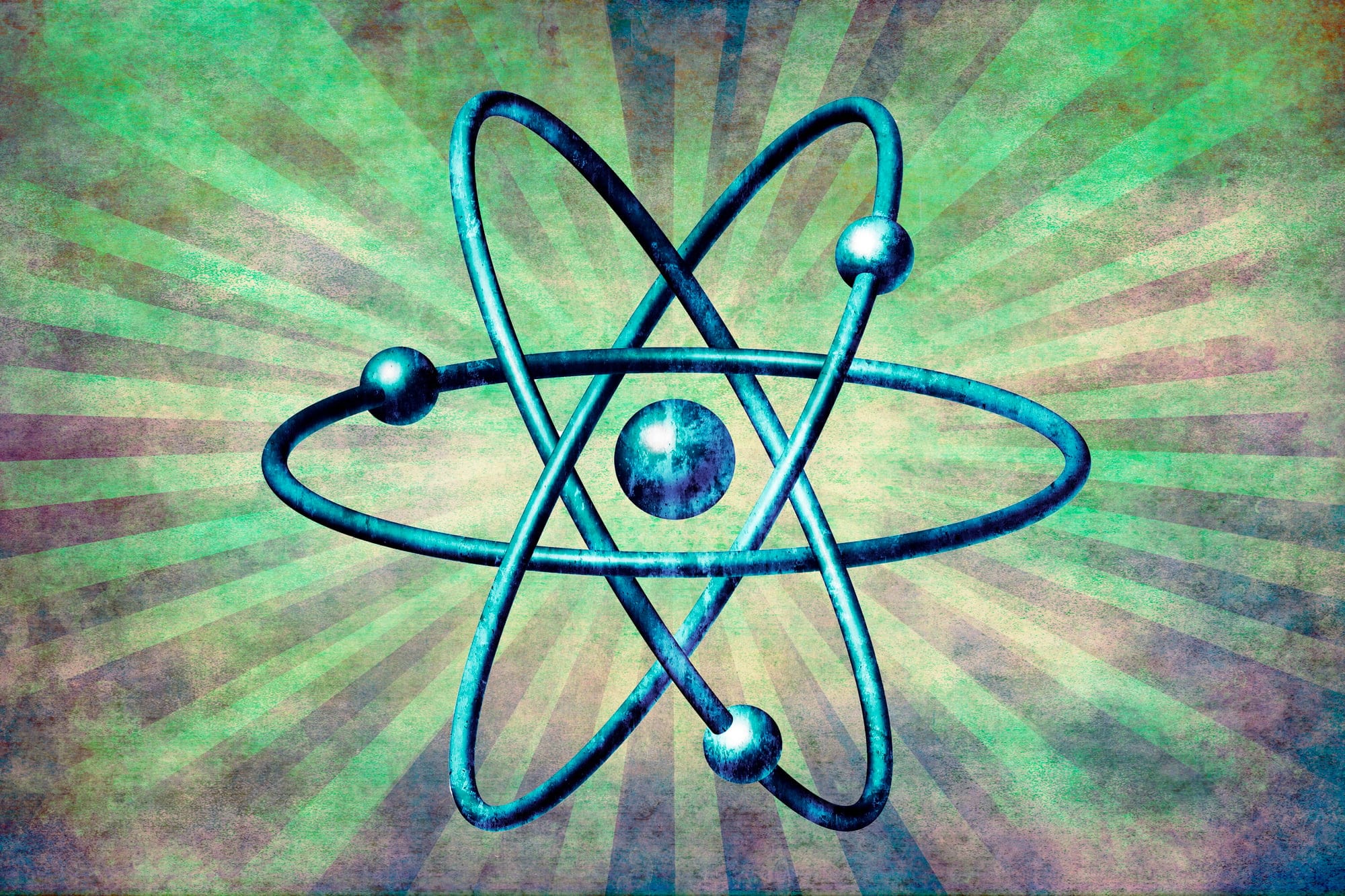 An atom symbol is displayed in front of a green and black background