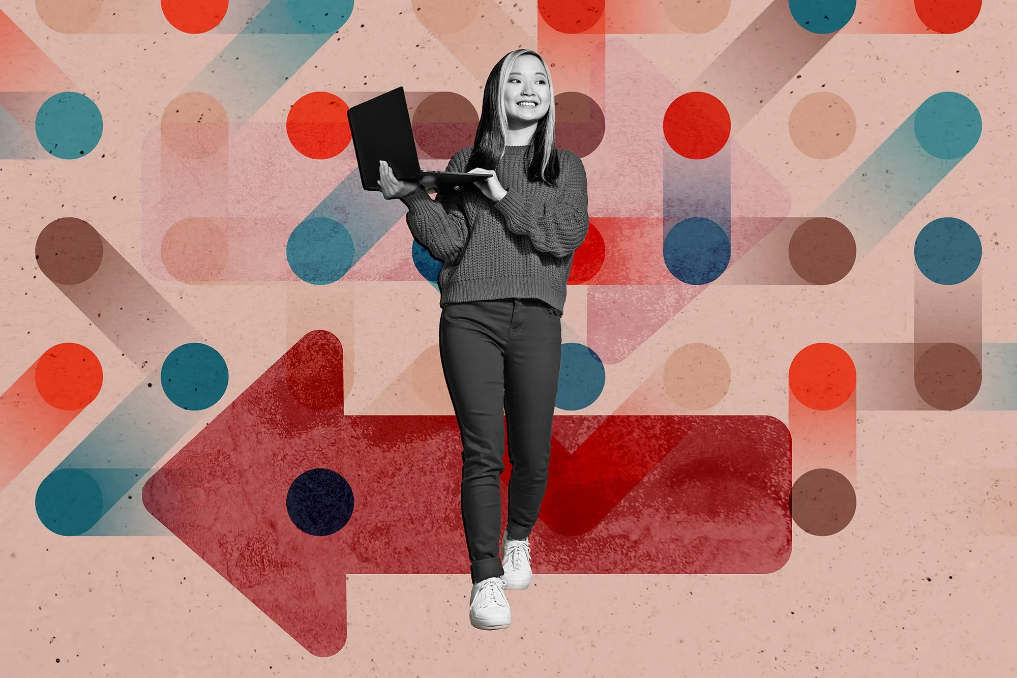 Smiling teenage girl holding a laptop in front of a colourful illustrated background containing dots and an arrow.