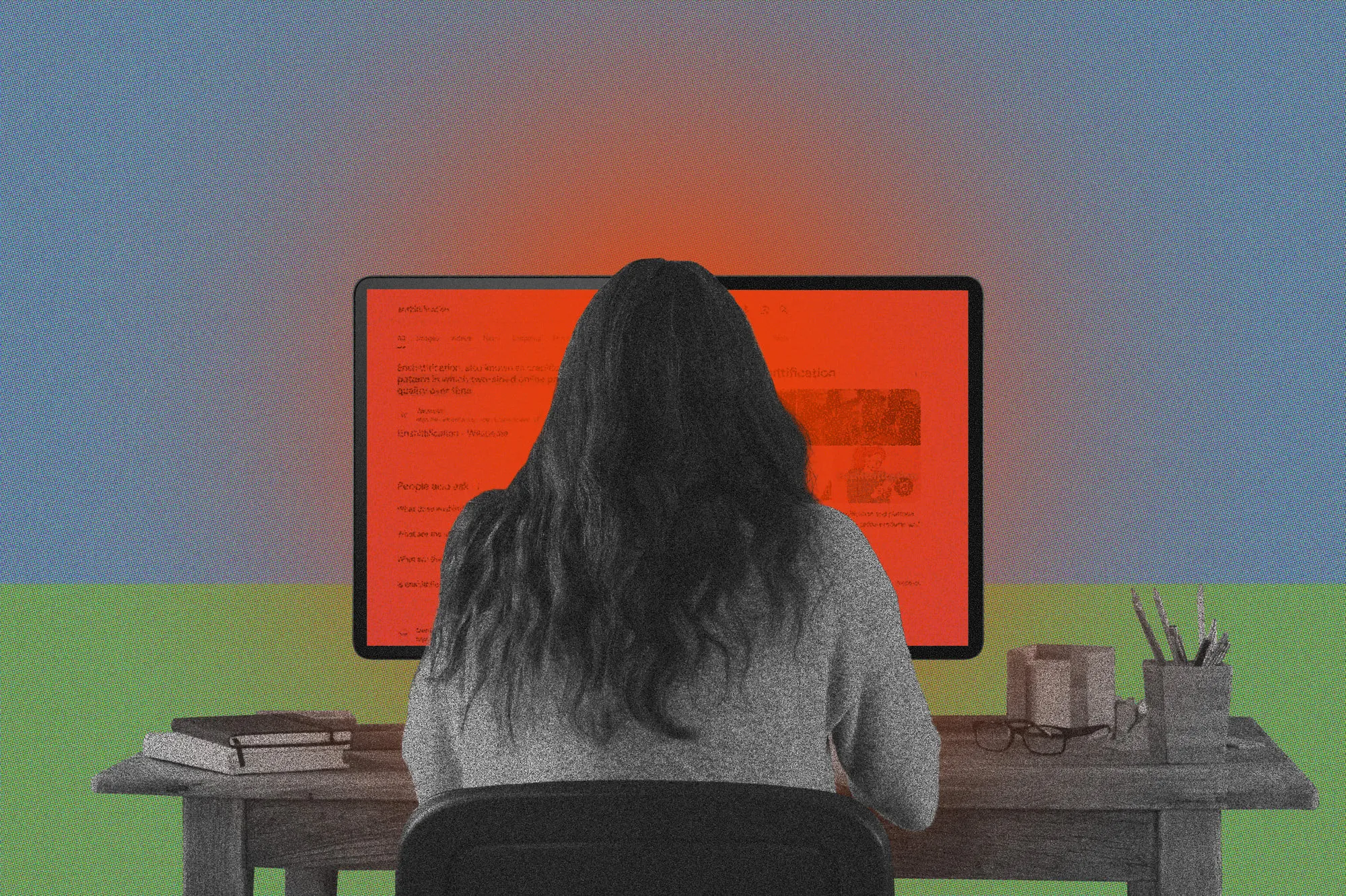 Illustration of a long-haired girl in a grey sweater sitting at a red-tinged computer monitor with her back to us