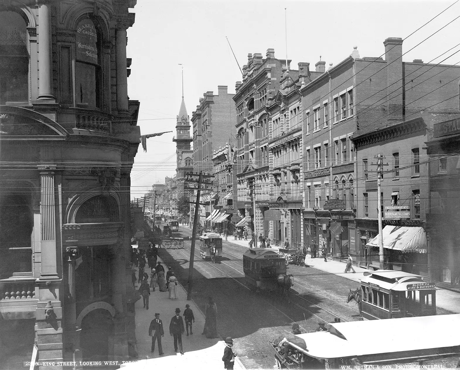 A black-and-white streetscape