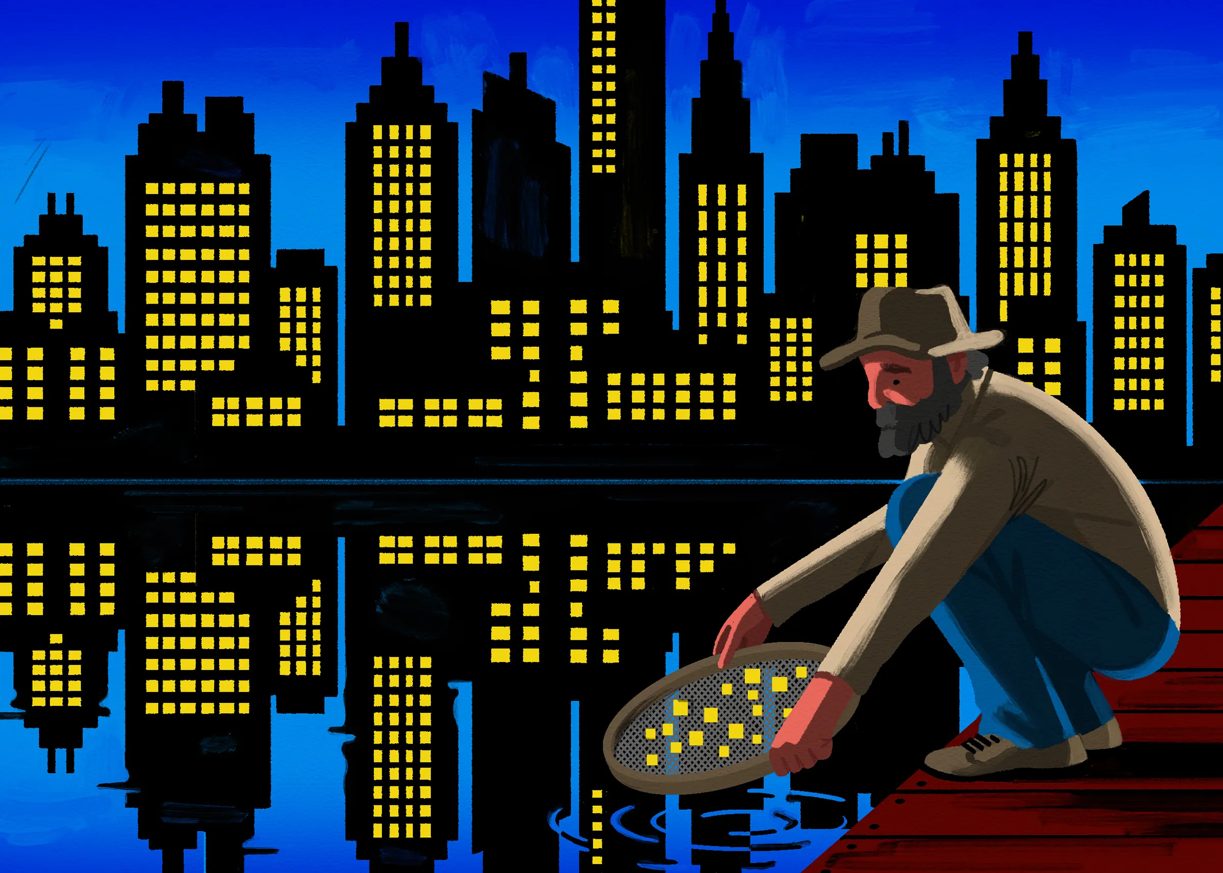 A man panning for gold in a lake that reflects a city skyline