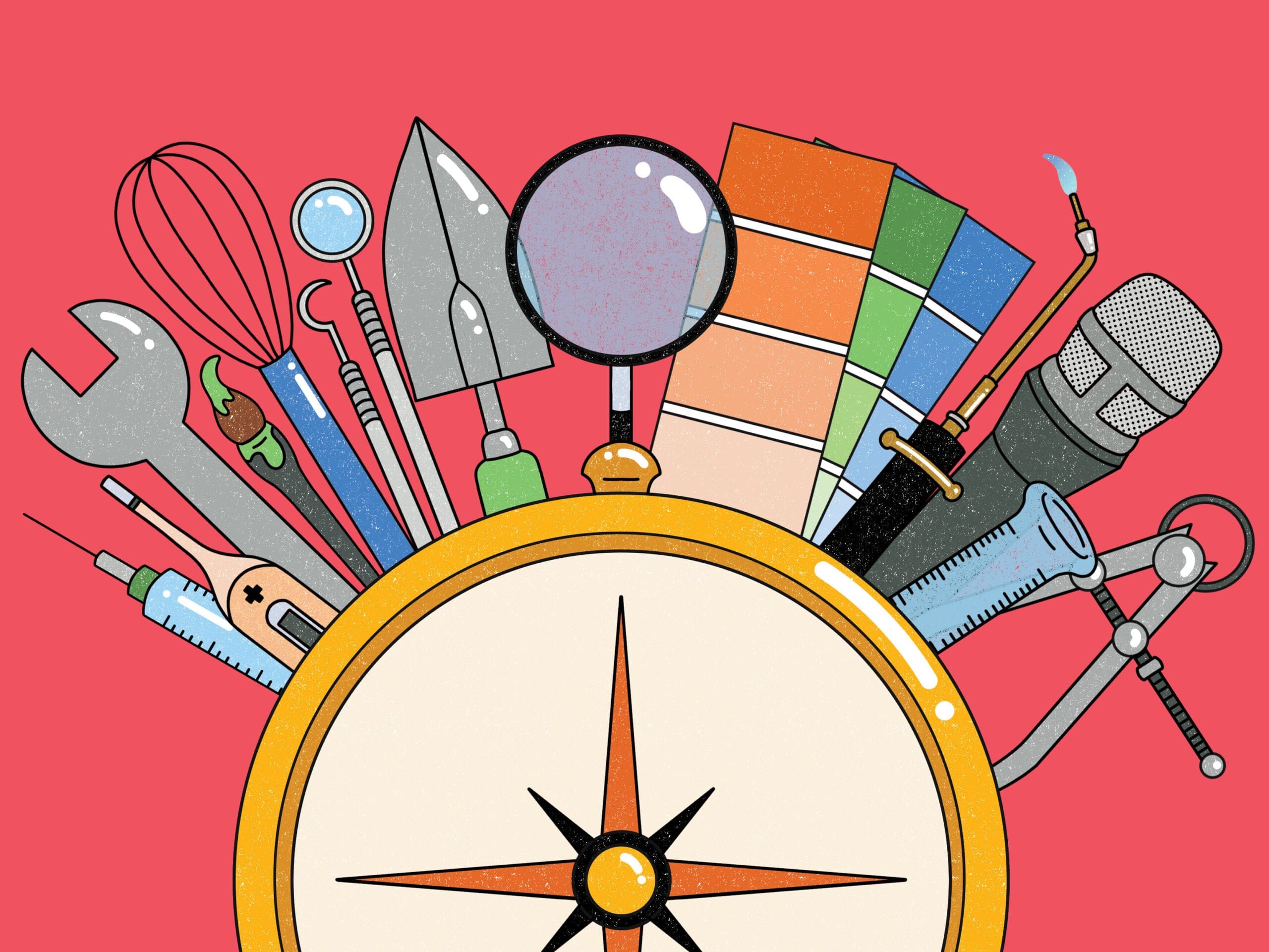 Illustrated writing utensils, kitchen utensils, a microscope, a shovel, and other tools arranged around a compass and set against a red background