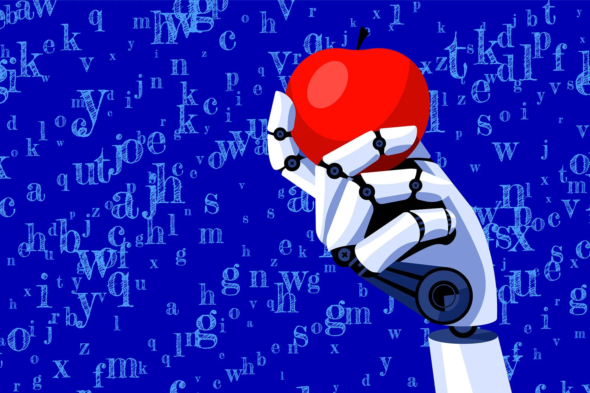 Mechanical hand is holding a red apple