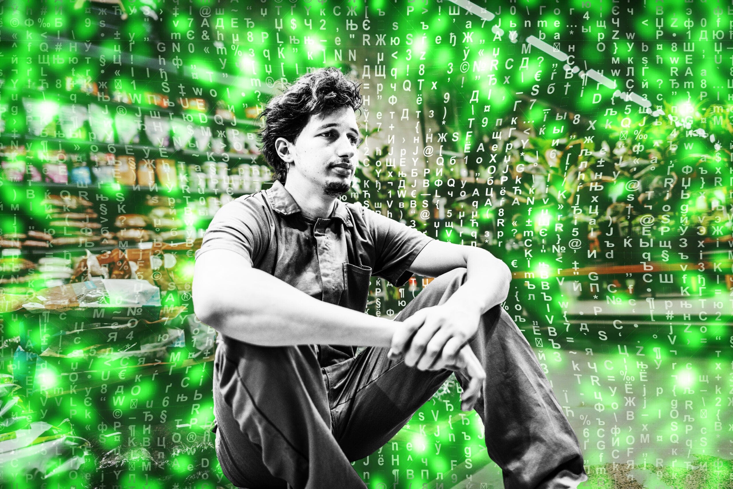 A young man sitting down against a backdrop of code
