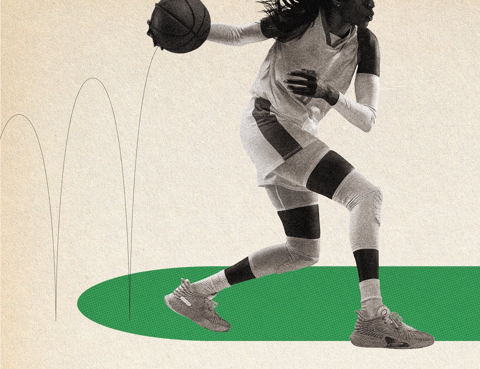 A young girl wearing all white basketball gear while bouncing a basketball