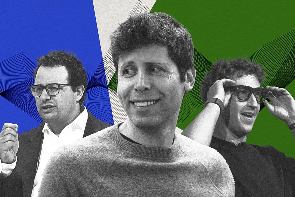Portraits of Dario Amodei, Sam Altman and Mark Zuckerberg in black and white, with a blue and green illustration in the background.
