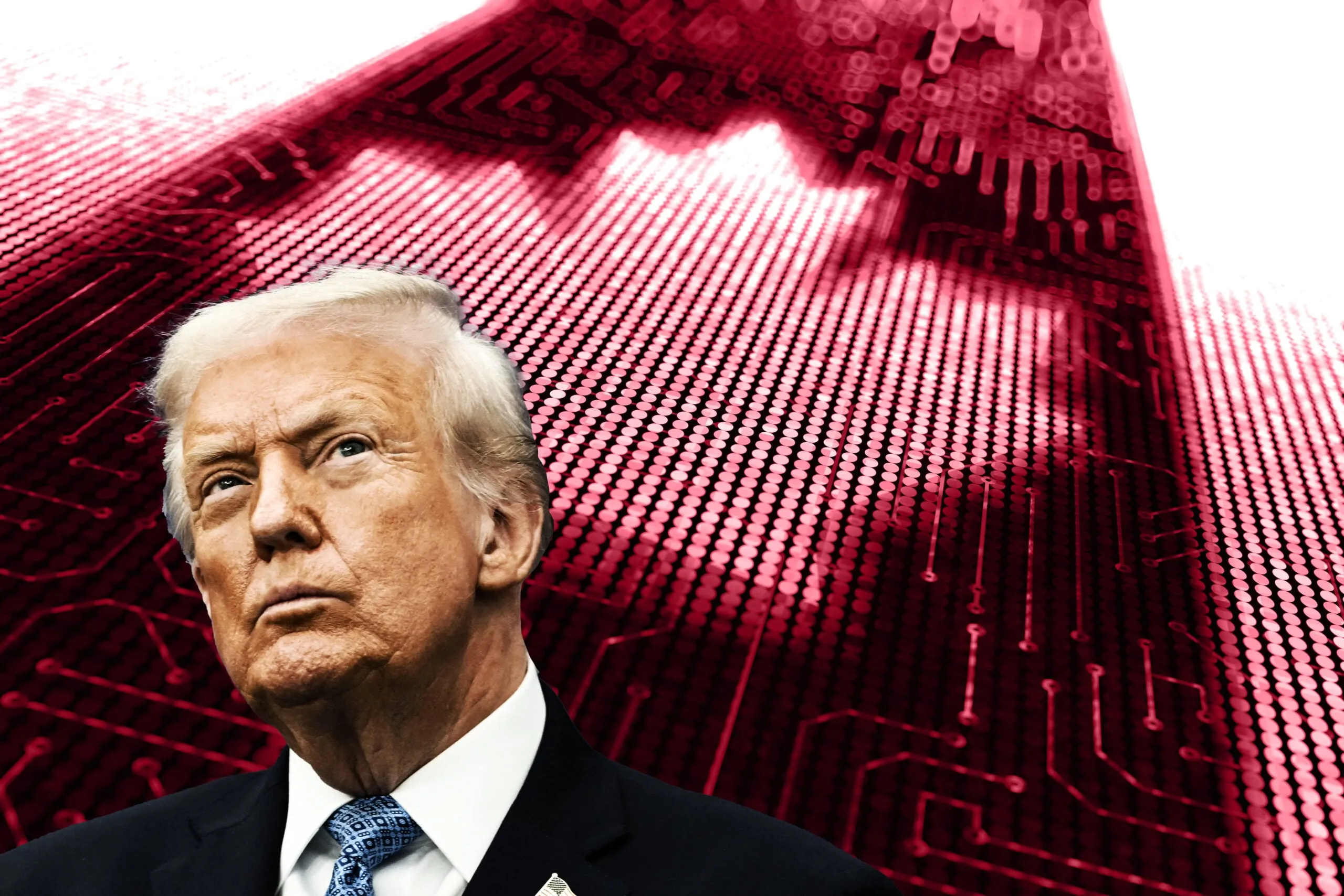 Portrait of President Trump standing in front of a red pixelated maple leaf.