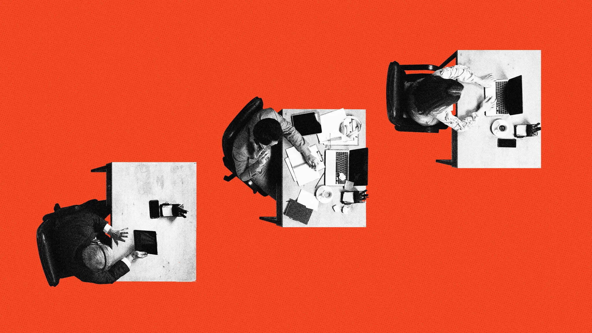Several images of people at desks, against an orange background