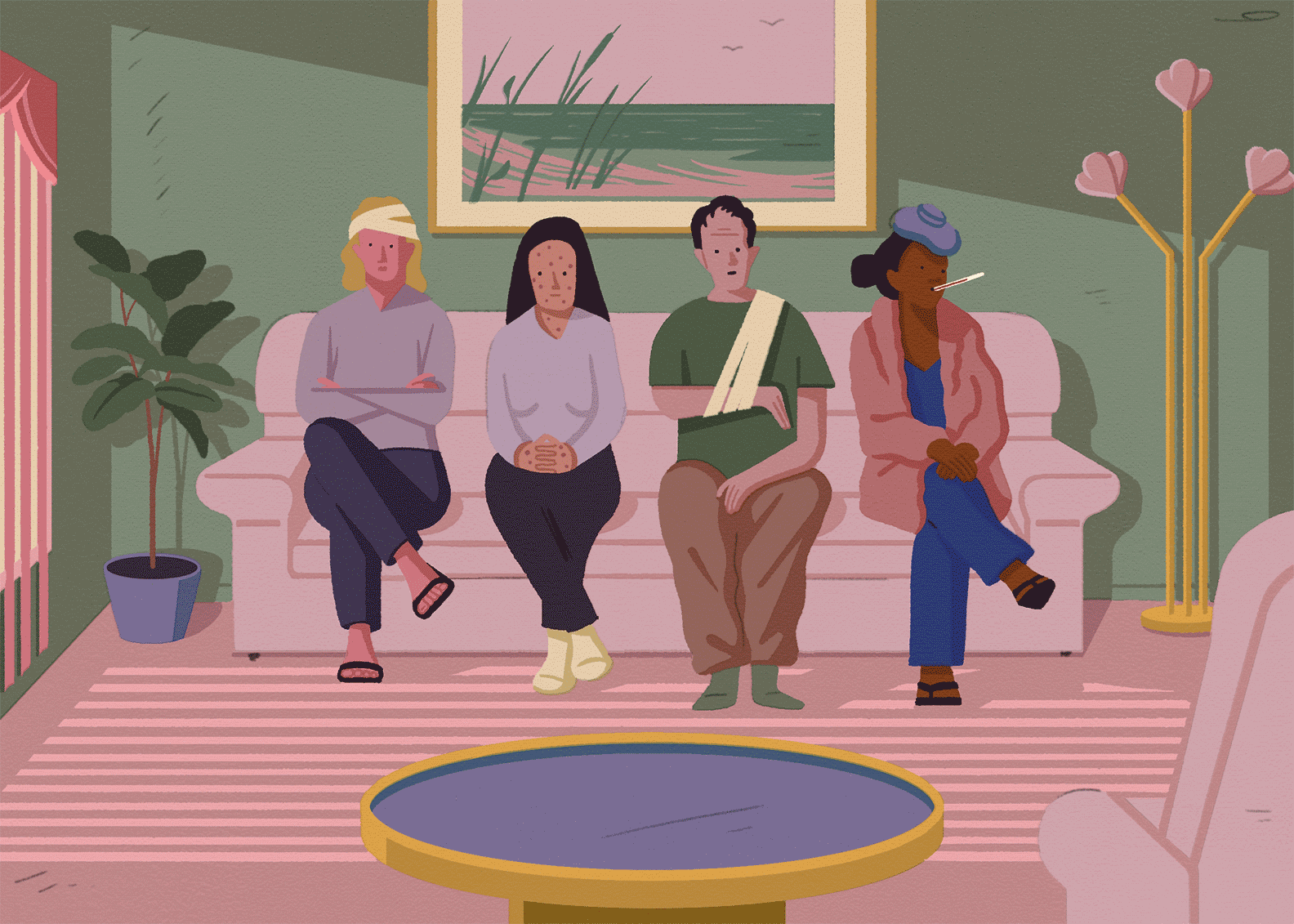 A GIF of a group of injured and ill people sitting on a couch in a living room