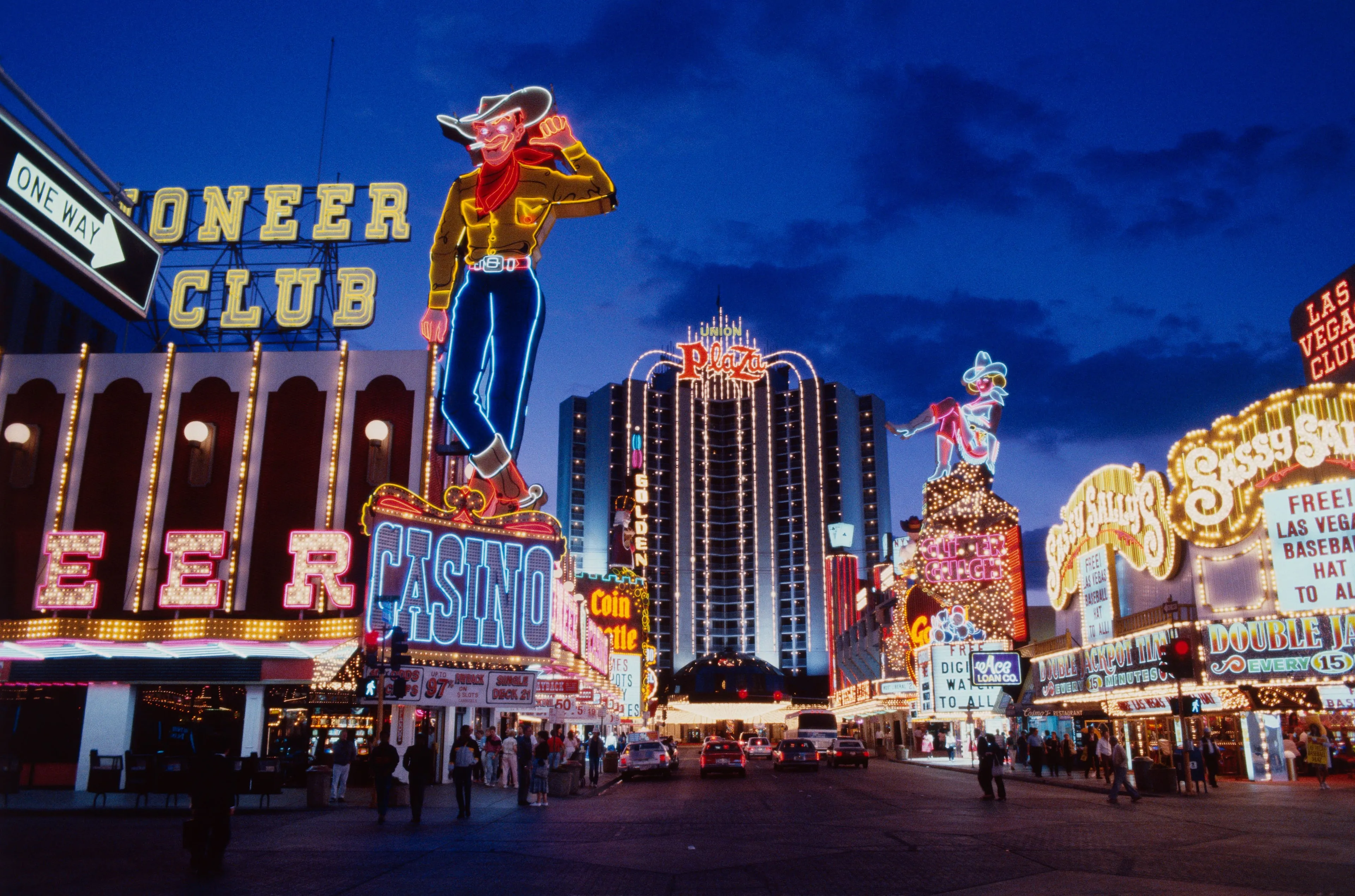 A strip of Las Vegas hotels and casinos at night