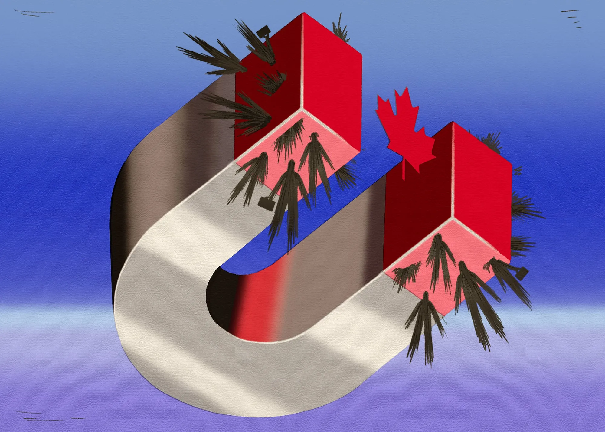 A magnet with the Canada flag's colours on it. People are getting sucked toward it.