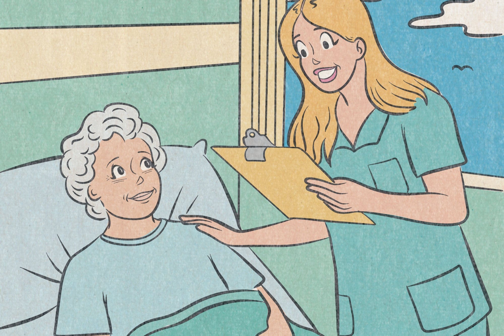 an illustration of a nurse with a clipboard talking to a patient