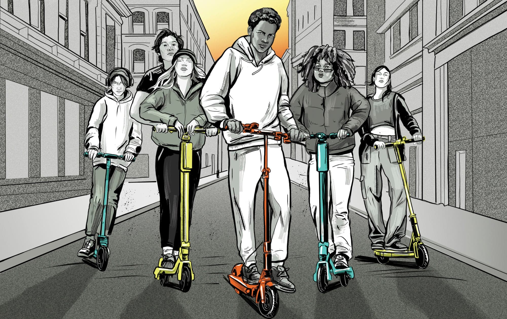 An illustration of six people on e-scooters posing in the middle of a street