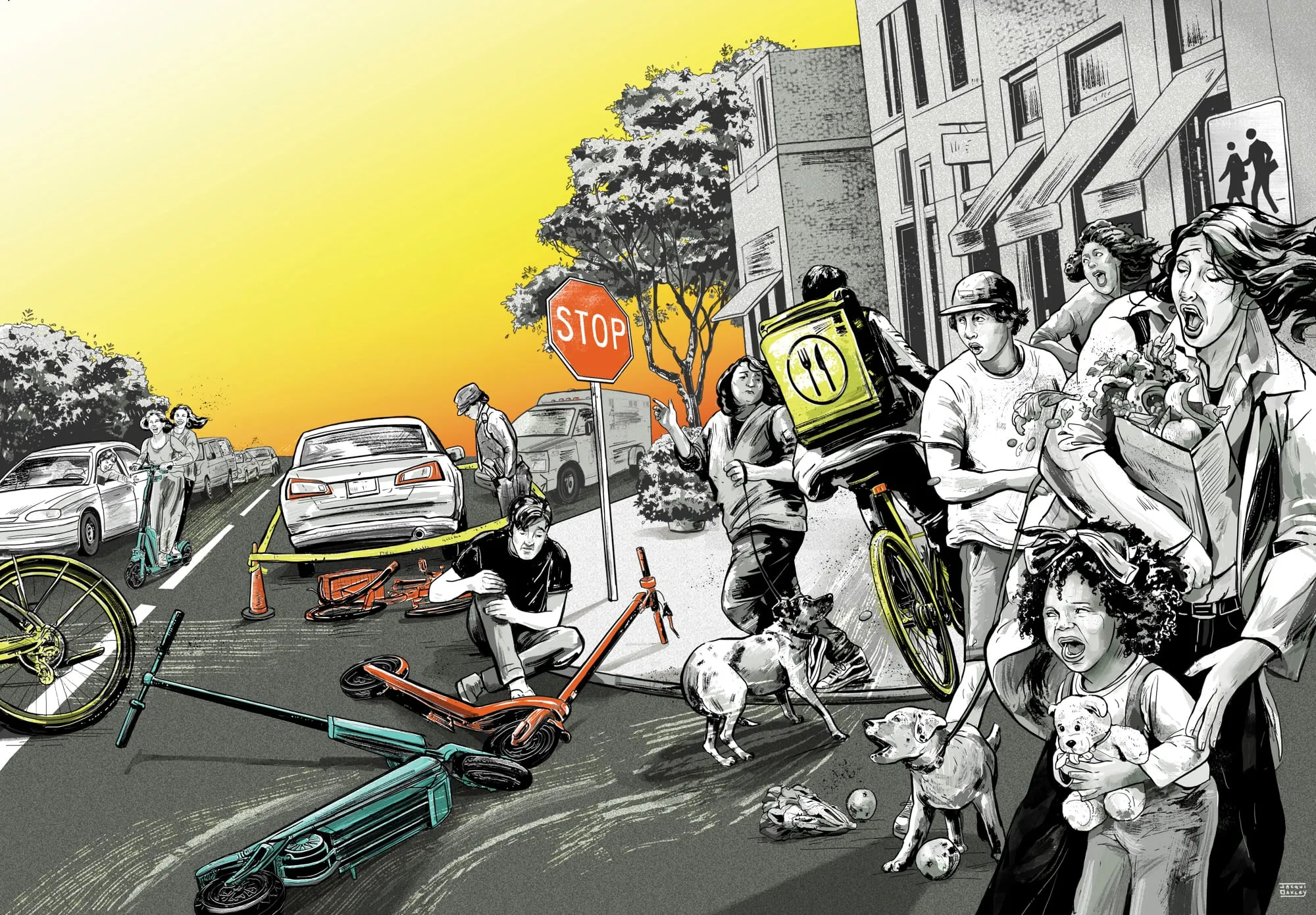 An illustration of a delivery worker riding an E-Bike through a crowd of pedestrians who are shocked and jumping to get out of the way